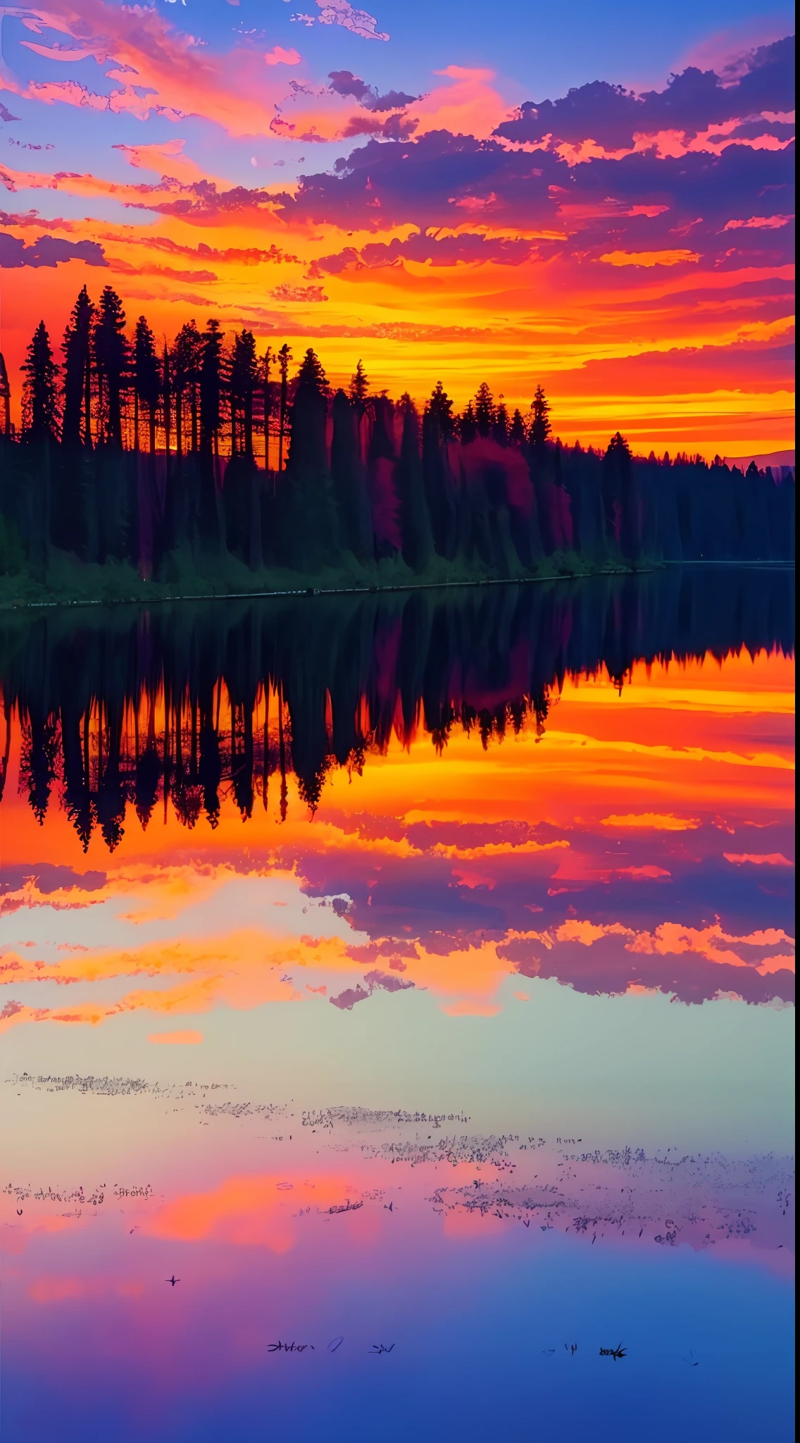 there is a beautiful sunset with a lake and trees in the background, colorful skies, surreal colors, colorful sunset, colorful sky, marvellous reflection of the sky, stunning sky, dream like atmosphere 8k, colorful clouds, colors reflecting on lake, surreal sky, red and blue reflections, fire reflection, beautiful sky, beautiful and spectacular dusk, beautiful dreamy landscape, amazing sky