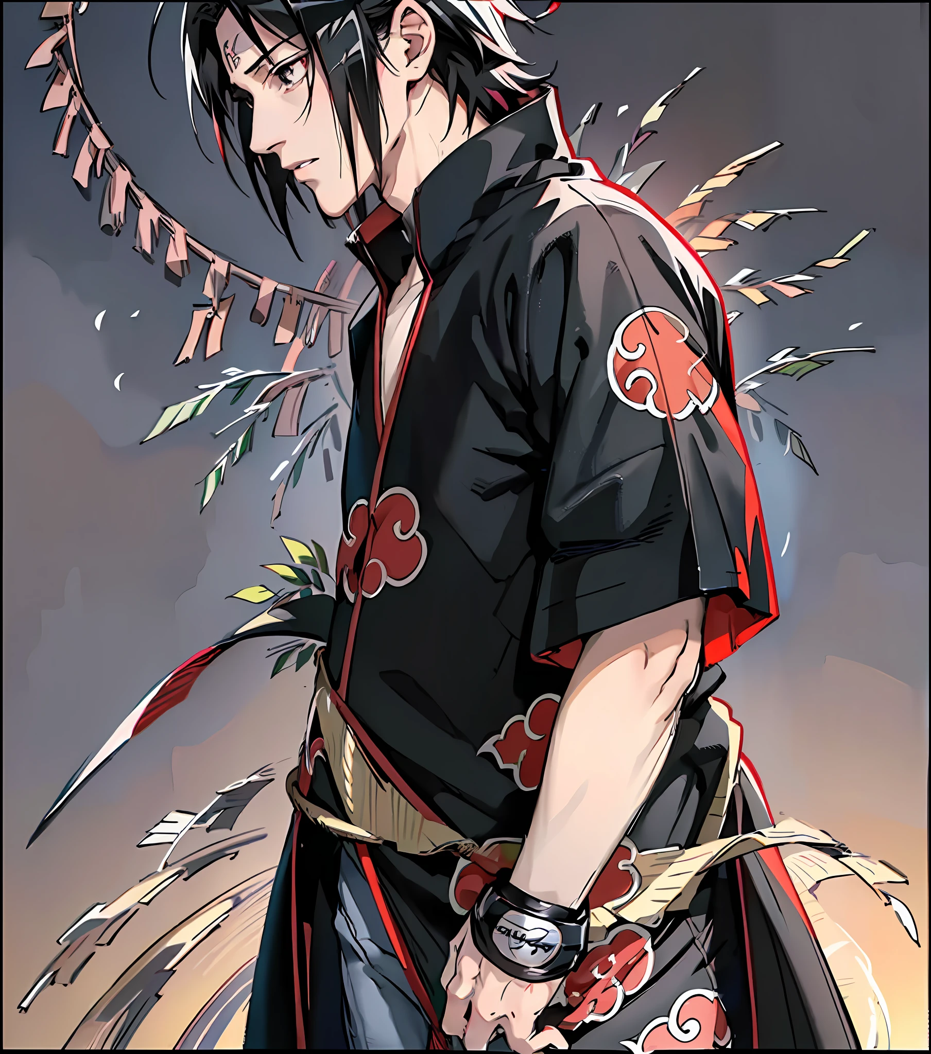 ((Sasuke uchiha)), ((man)), (Sasuke), handsome face, masterpiece, best quality, (1 man), 25 years, mature, short hair, elegant nose, pale skin, broad shoulders, Korean hair, black hair, (((Korean face)), strong, tall, (one of the eyes covered by bangs) black eyes, wearing school clothes, whole body, japan, end of day, twilight, dusk, dark theme, traces of masashi kishimoto, anime,  unadorned, unadorned,