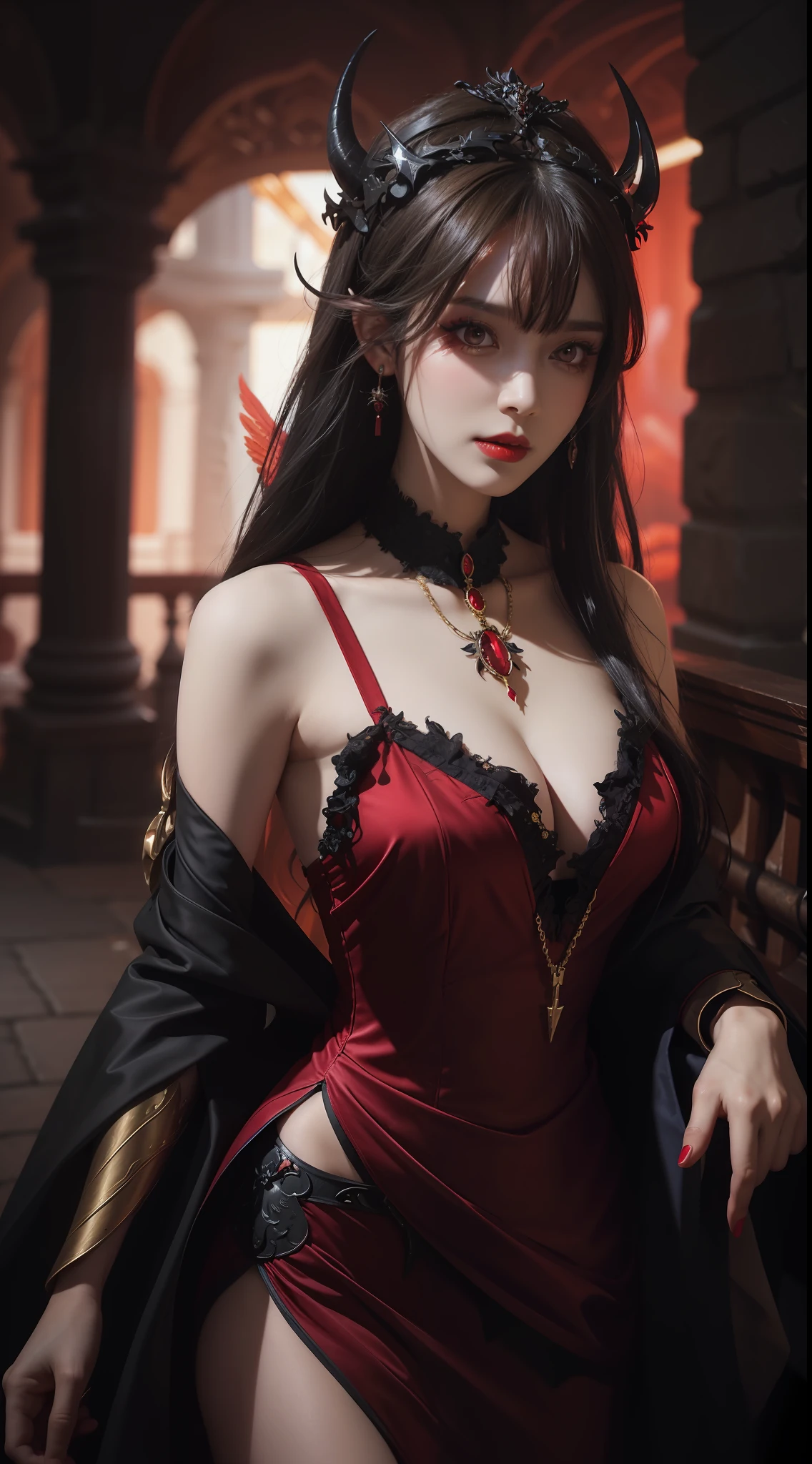 1 beautiful devil woman from hell, In the Dark: 1.6), surreal female portrait by David Hockney and Alphonse Mucha, fantasy art, korea doll, photorealism, dynamic lighting, artstation, poster, volumetric lighting, very detailed faces, 8k ultra, Awarded, in the dark, deep shadow, low key, cowboy lens, (Red phoenix dress: 1.4), long hair, black hair, bust, luxurious palace, Royal style, devil  crown, red eyes make up very sharp and detailed, The most beautiful face, big and regular breasts, Super realistic, chinese women's clothing, polo neck sweater, Charming smile, The eyes are very well made up, guweiz, devil style, loong, upper body, 2 bangs braided hair, Red lips, Devil tattoo on shoulder, wearing a thin red and black robe, the landscape is overcast and thunderous, Portrait,