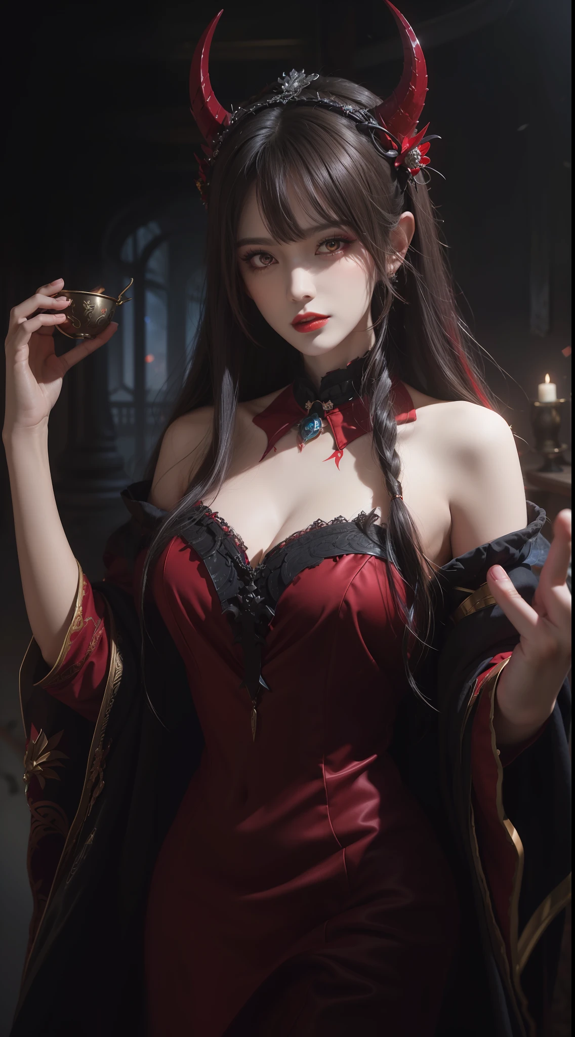1 beautiful devil woman from hell, In the Dark: 1.6), surreal female portrait by David Hockney and Alphonse Mucha, fantasy art, korea doll, photorealism, dynamic lighting, artstation, poster, volumetric lighting, very detailed faces, 8k ultra, Awarded, in the dark, deep shadow, low key, cowboy lens, (Red phoenix dress: 1.4), long hair, black hair, bust, luxurious palace, Royal style, devil crown, red eyes make up very sharp and detailed, The most beautiful face, big and regular breasts, Super realistic, chinese women's clothing, polo neck sweater, Charming smile, The eyes are very well made up, guweiz, devil style, loong, upper body, 2 bangs braided hair, Red lips, Devil tattoo on shoulder, wearing a thin red and black robe, the landscape is overcast and thunderous, Portrait,