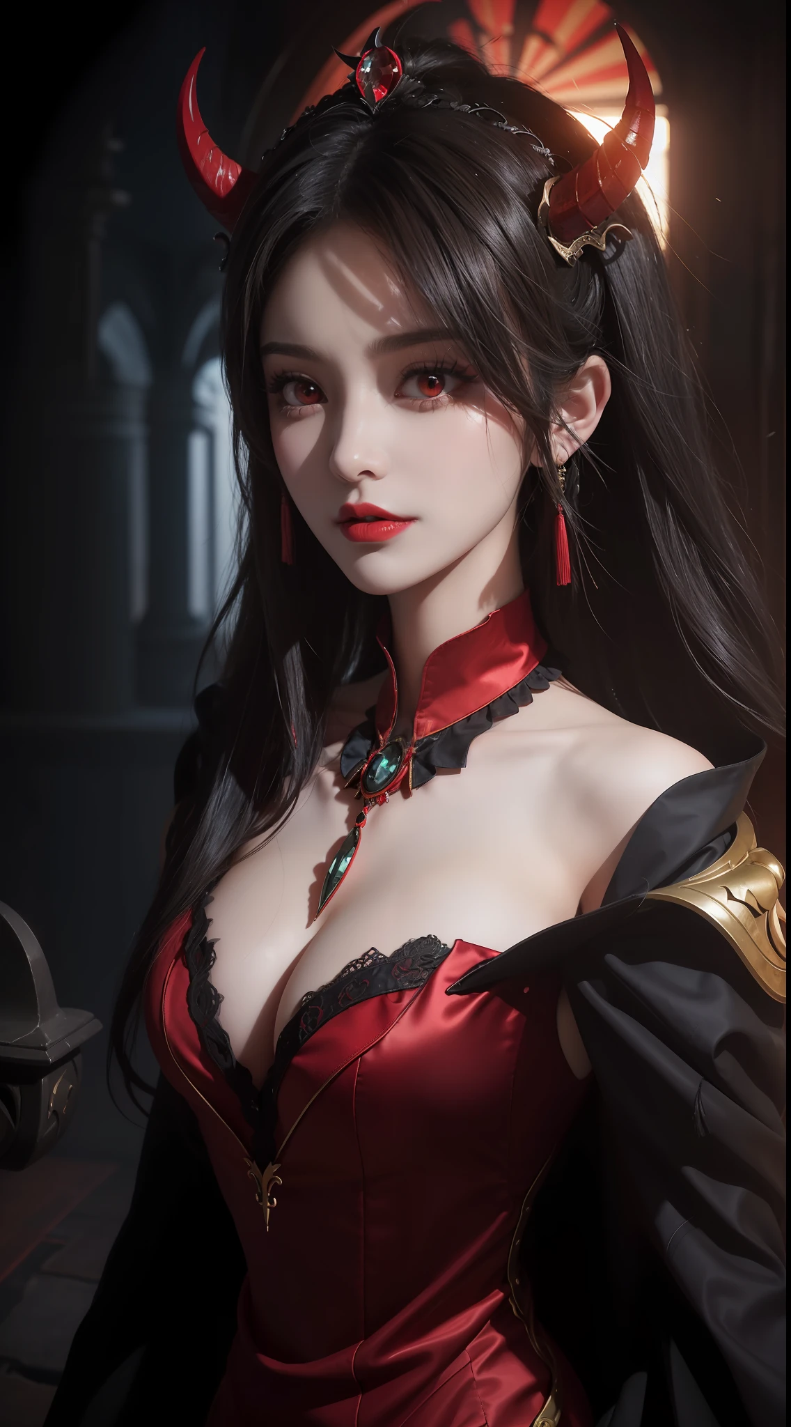 1 beautiful devil woman from hell, In the Dark: 1.6), surreal female portrait by David Hockney and Alphonse Mucha, fantasy art, korea doll, photorealism, dynamic lighting, artstation, poster, volumetric lighting, very detailed faces, 8k ultra, Awarded, in the dark, deep shadow, low key, cowboy lens, (Red phoenix dress: 1.4), long hair, black hair, bust, luxurious palace, Royal style, devil crown, red eyes make up very sharp and detailed, The most beautiful face, big and regular breasts, Super realistic, chinese women's clothing, polo neck sweater, Charming smile, The eyes are very well made up, guweiz, devil style, loong, upper body, 2 bangs braided hair, Red lips, Devil tattoo on shoulder, wearing a thin red and black robe, the landscape is overcast and thunderous, Portrait,