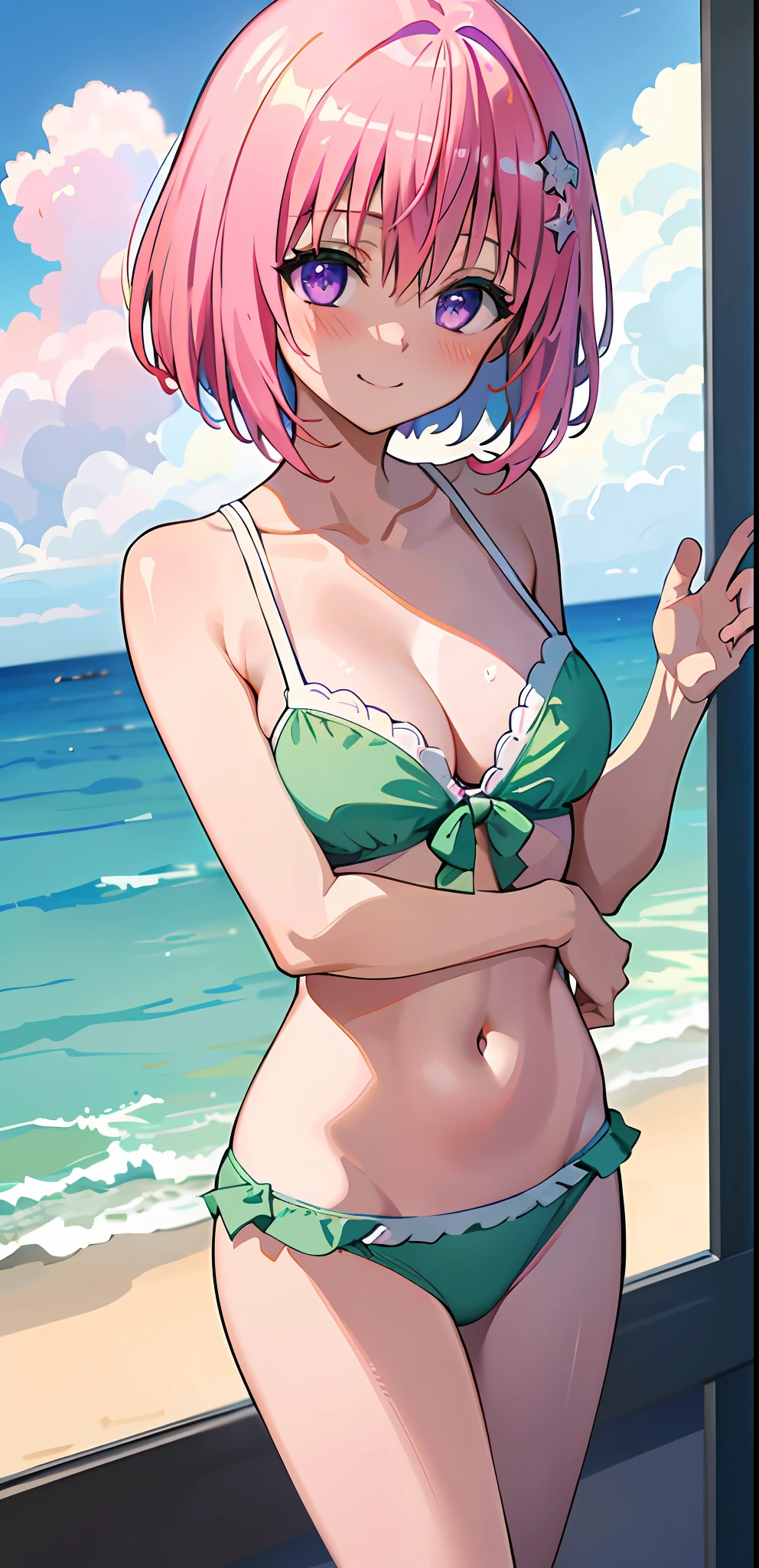(best quality:1.1), (masterpiece:1.4), (absurdres:1.0), close up,
1girl, momo velia deviluke, hair ornament, bob cut, short hair pink hair, purple eyes, medium breasts, looking at viewer, (blush:1.2), smile, , green bikini, ocean