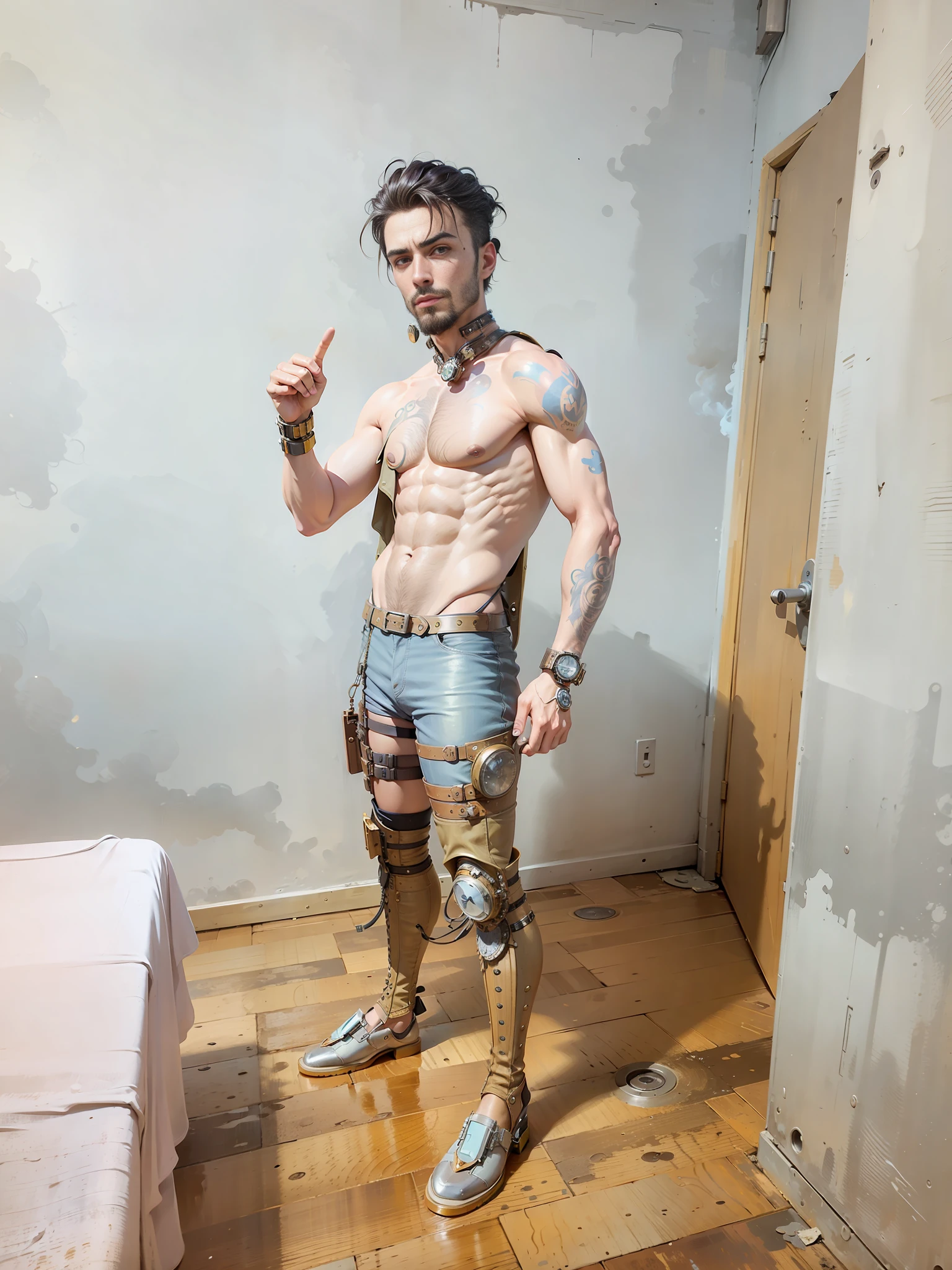 A man in a steampunk costume, retro sci-fi style, vaporpunk, complex leather clothing, gear-like machine and clock on his body, pipes and exhaust holes, steampunk background, background blur, HD, 8K, realism, dark yellow light, perfect fingers