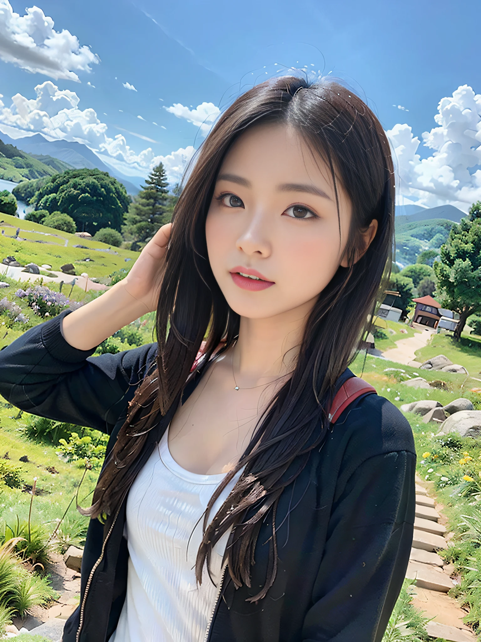 (masterpiece, top quality, 8K wallpaper, high resolution, real), 1girl, solo, full body shot, detailed eyes, super detailed face, cute face, Japan person, short hair, black eyes, backpack, mountain, attractive eyes, detailed lips, detailed hands, detailed feet, detailed nose, detailed face, gentle expression, windbreaker on jacket, tank top, trekking, hiking, trekking boots, Outdoors, mouth closed, small breasts, small eyes, natural landscape photo;mountain climbing;spectacular summer mountain scenery with rugged mountain range in the distance, wonderful contrast of blue sky and white clouds; Camera = "Sony a7 IV";Lens="Tamron 28-200mm f/2.8-5.6 Di III RXD";" Aperture = f/6.3";" Shutter speed = 1/1600 sec";" ISO=100";