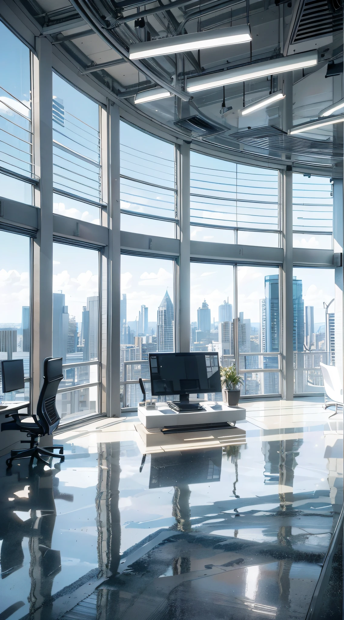 1 futuristic office background, (white decoration: 1.1), (wide window: 0.9), (high ceiling: 1.0), (fashion furniture: 0.8), (minimalist design: 1.1), (glass wall: 0.9), (LED lighting: 1.0), (large desk: 1.1), (modern computer: 0.8), (futuristic display: 1.0), (clean background: 1.1), (high-tech gadgets: 0.9), (professional atmosphere: 1.0), interior, with a sense of hierarchy