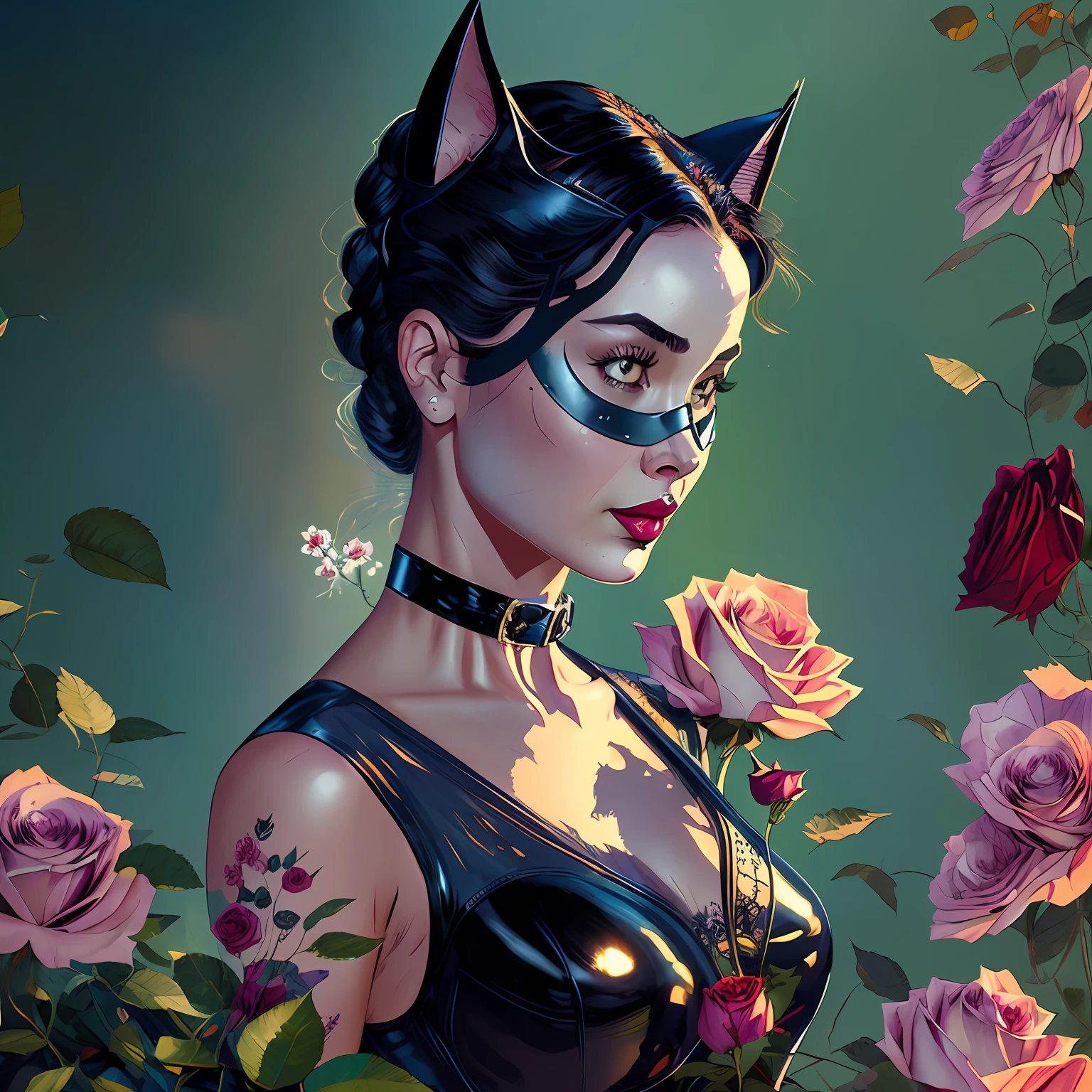 Catwoman in old-fashioned dress with roses, the scene should be dark and moody, with a focus on intricate details and smooth textures, use art by lois van baarle and ross tran as inspiration, with a trending style on artstation hq. the scent bottle should be the center of attention, with the catwoman's face partially hidden in shadows. include digital painting techniques to create a sharp focus on the bottle and an ethereal feel to the roses. --auto --s2