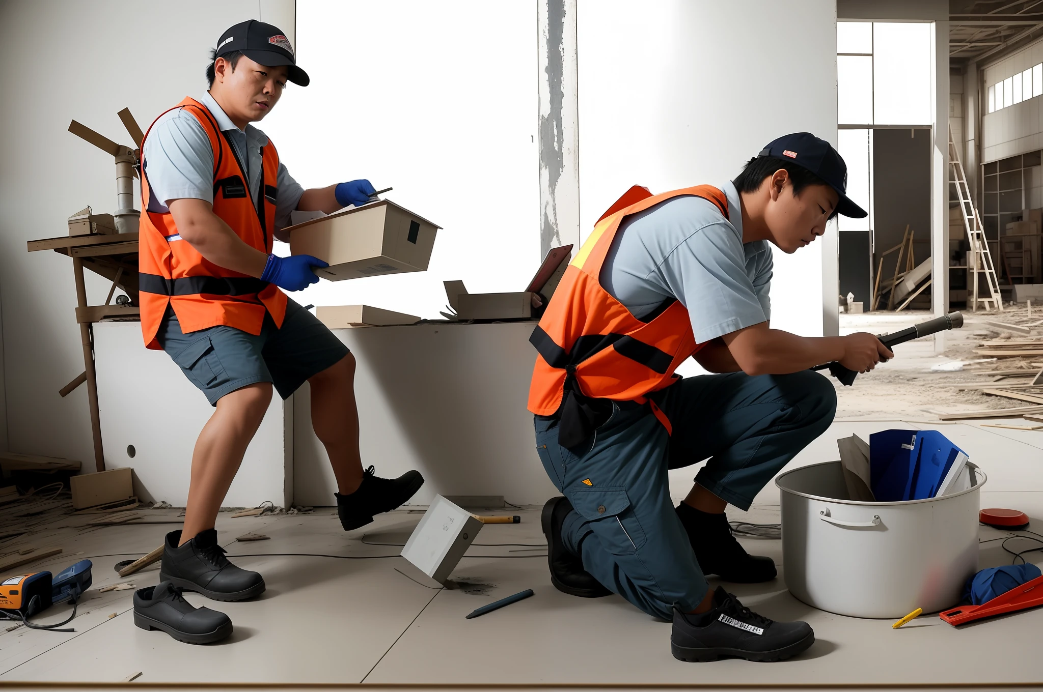 two men in construction gear are working on a building, workers, advertising photo, promo image, accurate portrayal, maintenance, still from a live action movie, extreme drama, parody work, professional work, shinji higuchi and tomoki kyoda, demolition, disaster photography, journalism photo, scene from live action movie, promo photo, tatsuro kiuchi, prize winning