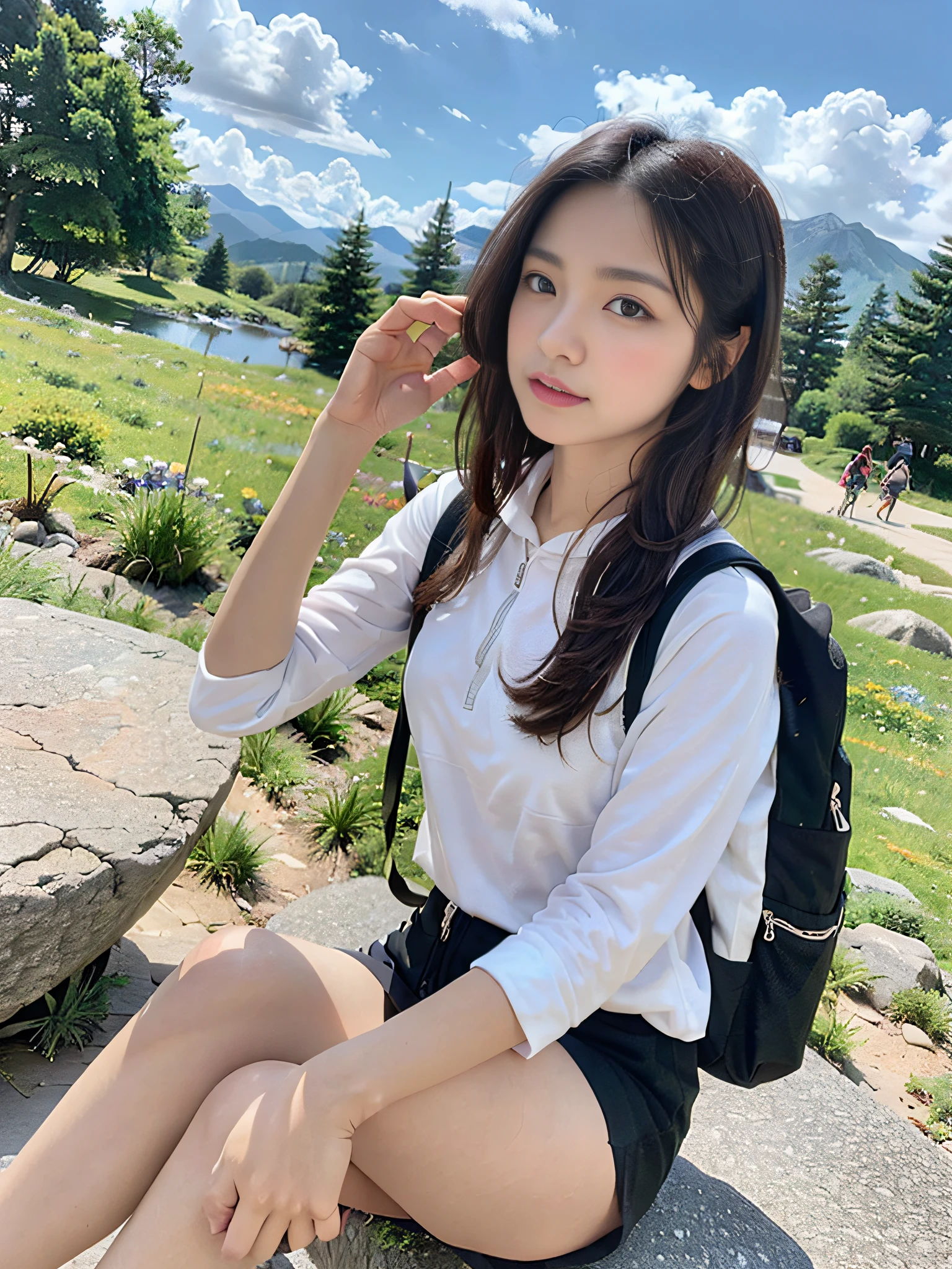 (masterpiece, top quality, 8K wallpaper, high resolution, real), 1girl, solo, full body shot, detailed eyes, super detailed face, cute face, Japan person, short hair, black eyes, backpack, mountain, attractive eyes, detailed lips, detailed hands, detailed feet, detailed nose, detailed fingers, detailed face, gentle look, zip hoodie on jacket, tank top, trekking, hiking, trekking boots, Outdoors, mouth closed, small breasts, small eyes, natural landscape photo;mountain climbing;spectacular summer mountain scenery with rugged mountain range in the distance, wonderful contrast of blue sky and white clouds; Camera = "Sony a7 IV";Lens="Tamron 28-200mm f/2.8-5.6 Di III RXD";" Aperture = f/6.3";" Shutter speed = 1/1600 sec";" ISO=100";