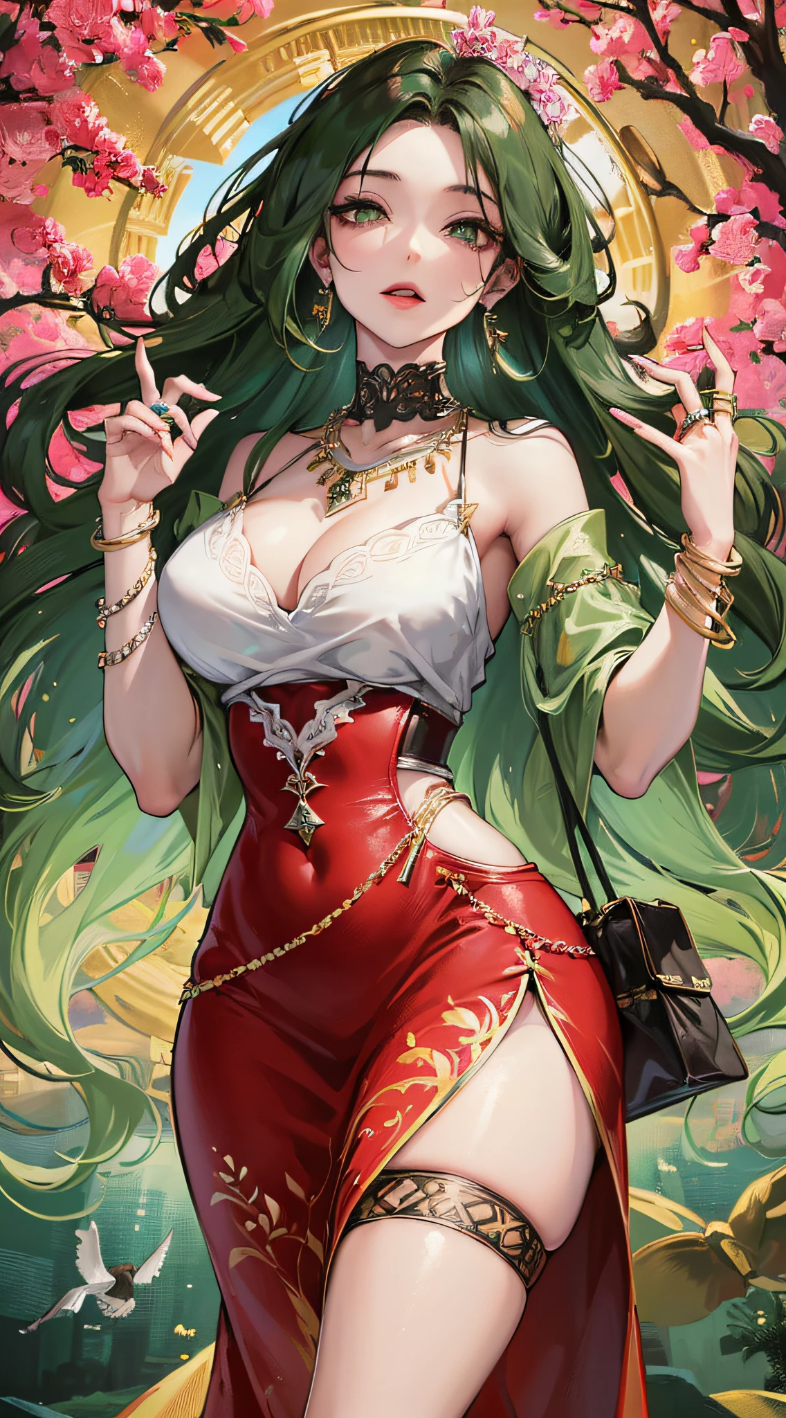 Highly detailed, High Quality, masterpiece, 1girl, walking, hand on own hip, (hourglass figure:1.2), confident expression, green eyes, (long hair:1.1), (wavy hair:0.9), red lipstick, earrings, necklace, bracelet, ring, dress, high heels, purse, looking at viewer, outdoors, park, trees, flowers, birds.