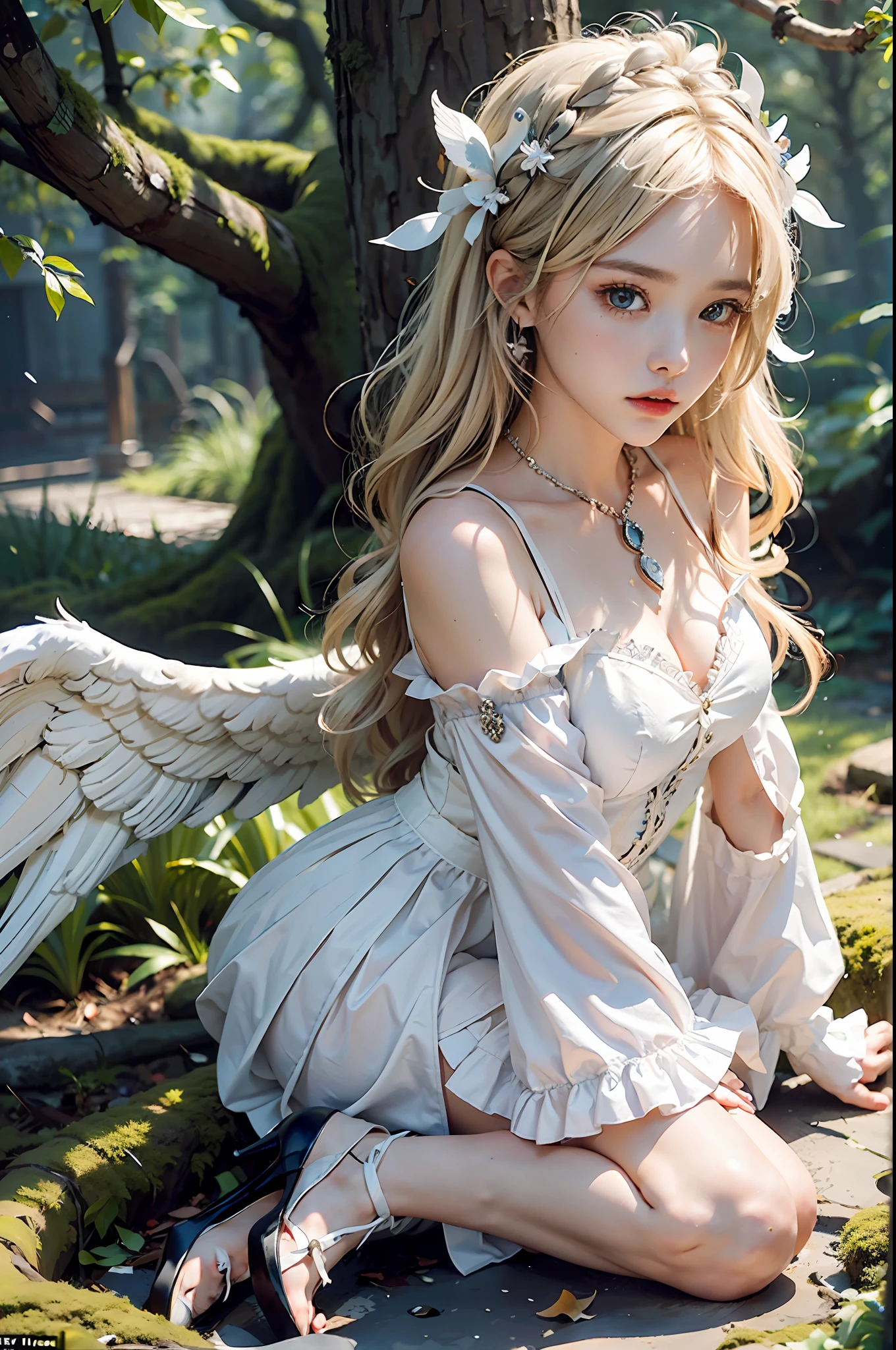(Masterpiece, Best quality: 1.2), 1girl, solo, (kawaii, cute young boy: 1.4), digital art, magic array, long hair, ahoge, platinum blonde, (inner hair: 1.2), delicate eyes, grimace, lonely expression, sweat, frilled dress, black color scheme, high heels, white gloves, heart-shaped necklace, hair ornament, (holding a sword: 1.2), huge fallen angel wings, (huge black wings: 1.2), trees, moss, moonlight through leaves, fallen leaves, shrubs, rocks, rivers, bridges, night clouds, starry sky, wind, rustling leaves, leaves, rustling,