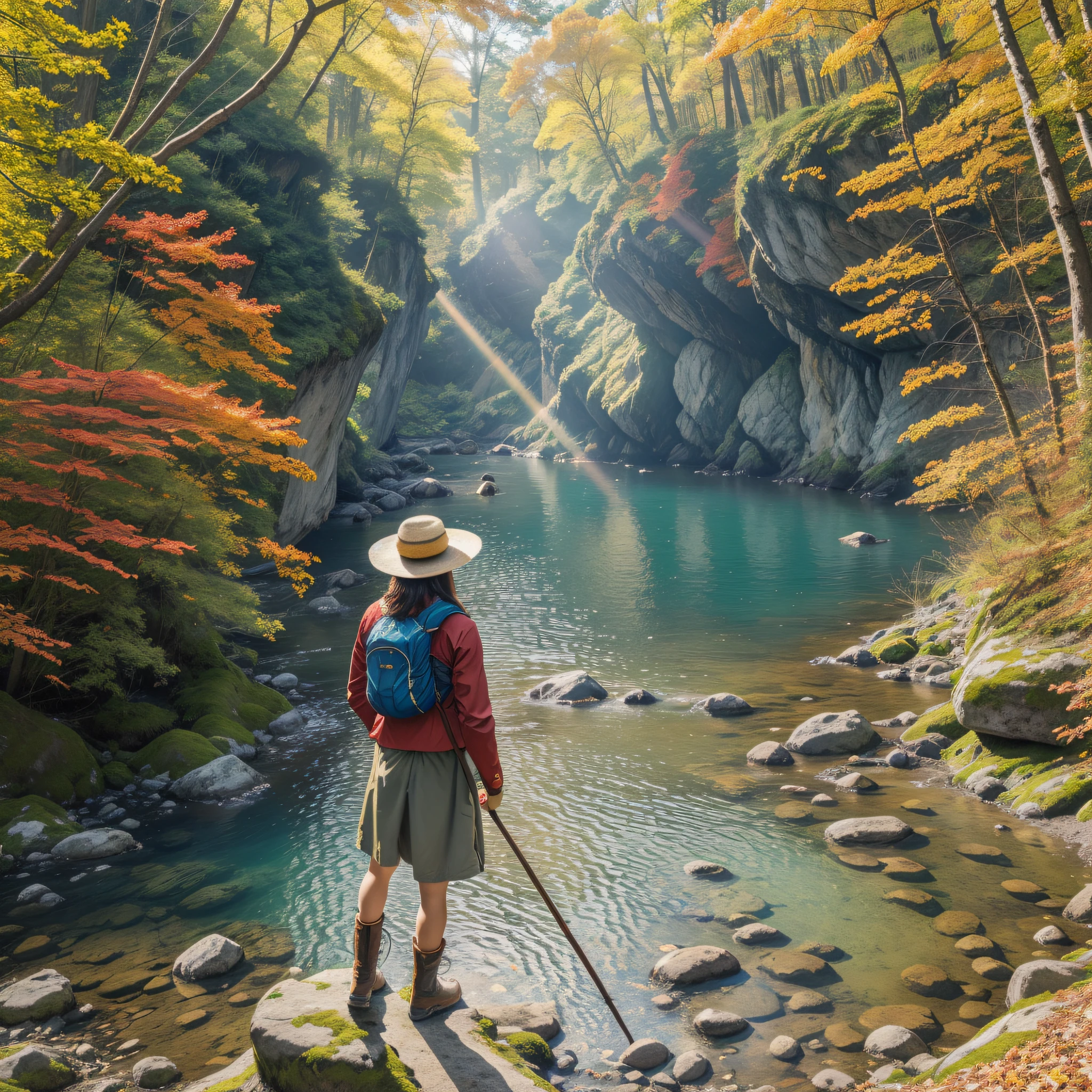 Vibrant nature landscape with lush foliage, flowing water, misty atmosphere, sun rays peeking through the trees, and vibrant flowers:0.3. Captivating wide-angle shot of (a hiker in a red jacket)1.2 standing on a rocky cliff, gazing at the breathtaking view, surrounded by (autumn colors)1.4. The hiker is wearing (hiking boots)1.2, a (wide-brimmed hat)1.3, and holding a (walking stick)1.2. The image has a hint of (sun flare)1.1, (texture)1.2, and (film grain)1.1, reminiscent of an epic adventure.