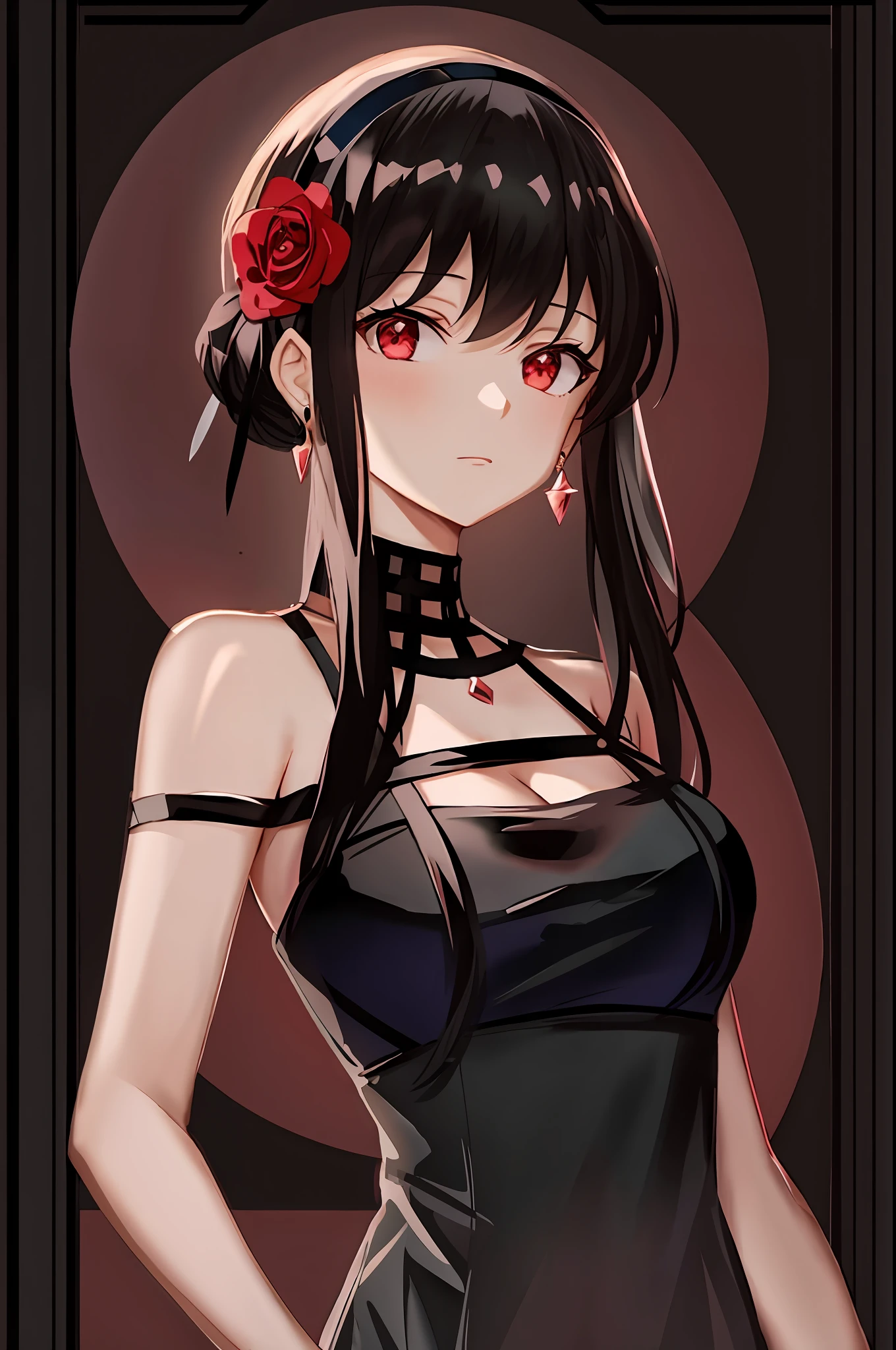 yor briar, 1girl, bare shoulders, black dress, black hair, breasts, closed mouth, dress, earrings, flower, hair flower, hair ornament, hairband, jewelry, medium breasts, long hair, looking at viewer, red eyes, sidelocks, sleeveless, solo, upper body, black background
, ((masterpiece))