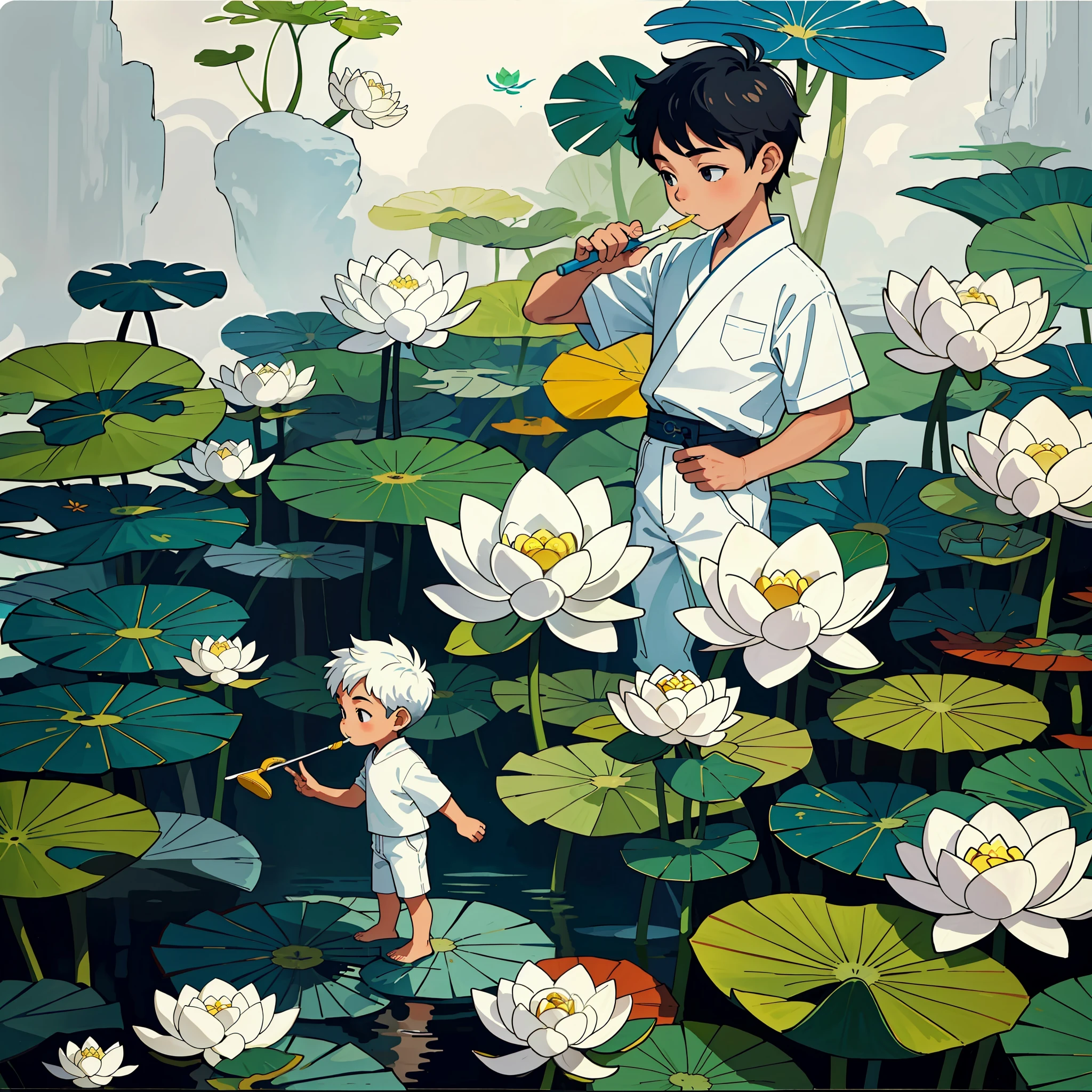Little boy brushing teeth, toothbrush, foam, large lotus leaves, lotus flowers, ink painting style, clean colors, decisive cut, white space, freehand, masterpiece, super detailed, epic composition, high quality, highest quality, 4k --v 6