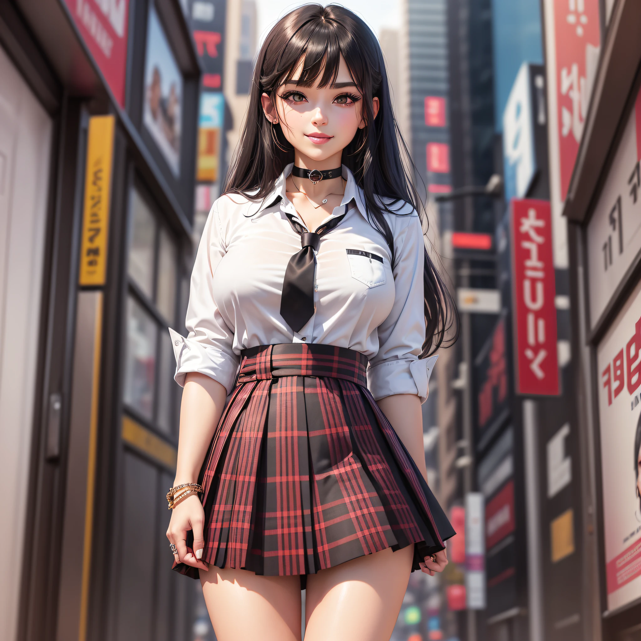 masterpiece, best quality, full body, 1girl, bangs, black choker, black necktie, black hair, blue skirt, blush, bracelet, breasts, choker, clothes around waist, collarbone, collared shirt, cowboy shot, dress shirt, ear piercing, eyebrows visible through hair, gradient hair, grin, gyaru, jewelry, kogal, long hair, looking at viewer, loose necktie, necktie, piercing, plaid, plaid skirt, pleated skirt, red eyes, ring, school uniform, shirt, skirt, smile, solo, white shirt, street, sky, cherry blossoms, petals,illustration, (magazine:1.3), (cover-style:1.3), fashionable, woman, vibrant, outfit, posing, front, colorful, dynamic, background, elements, confident, expression, holding, statement, accessory, majestic, coiled, around, touch, scene, text, cover, bold, attention-grabbing, title, stylish, font, catchy, headline, larger, striking, modern, trendy, focus, fashion, --auto --s2