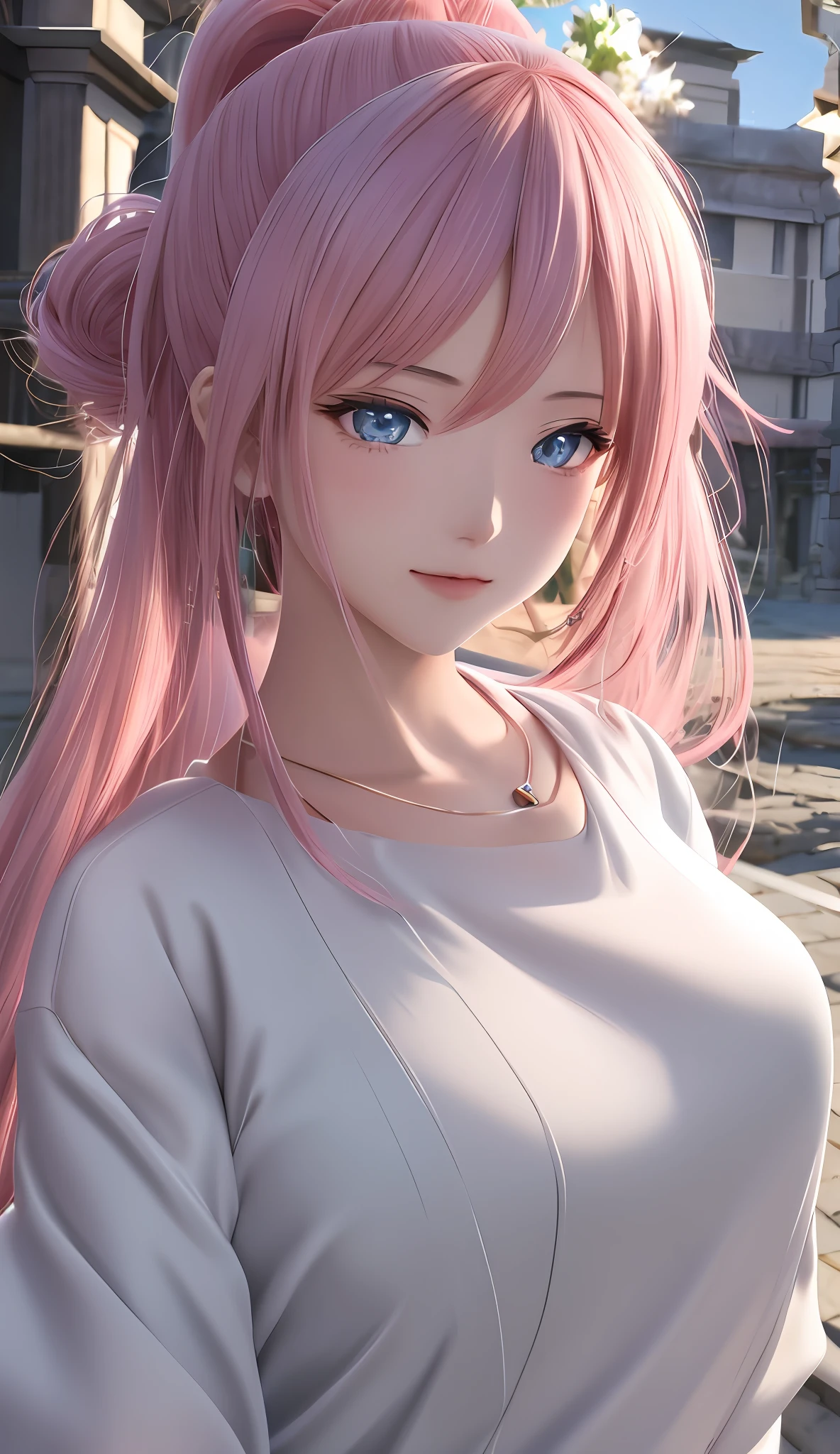 Anime style pink double ponytail with crown girl, 8K realistic digital animation rendering, human ancient style 4K CG art expression, fine picture, CG ancient style artwork, 8K high quality CG detail art, elegant artwork landscape, 8K art details ancient bokeh, cyan eyes are breathtaking.