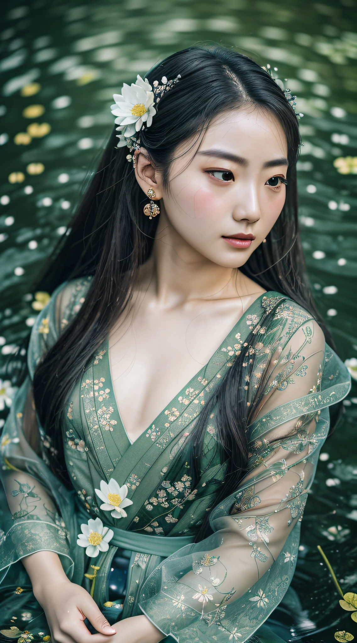 (RAW photo, best quality), (realistic, photo-realistic:1.3), best quality, highly detailed, masterpiece, ultra-detailed, illustration, 1girl, upper_body, dynamic angle, world mastery theater, messy_long_hair,best quality, extremely detailed CG unity 8k wallpaper, ink, amazing, movie lights, lens_flare, dunhuang_style,1 girl, dark green hanfu, a woman, cold, fair skin, sea of flowers, pond, petals floating on water, half immersed in water, dark background, moonlight, hairpins, jade pei, hanfu, Delicate face, jewelry, long hair, earrings, hair strands, dynamic angle, looking down from above --auto --s2