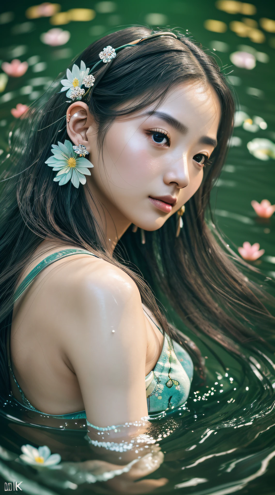 (RAW photo, best quality), (realistic, photo-realistic:1.3), best quality, highly detailed, masterpiece, ultra-detailed, illustration, 1girl, upper_body, dynamic angle, world mastery theater, messy_long_hair,best quality, extremely detailed CG unity 8k wallpaper, ink, amazing, movie lights, lens_flare, dunhuang_style,1 girl, dark green hanfu, a woman, cold, fair skin, sea of flowers, pond, petals floating on water, half immersed in water, dark background, moonlight, hairpins, jade pei, hanfu, Delicate face, jewelry, long hair, earrings, hair strands, dynamic angle, looking down from above --auto --s2