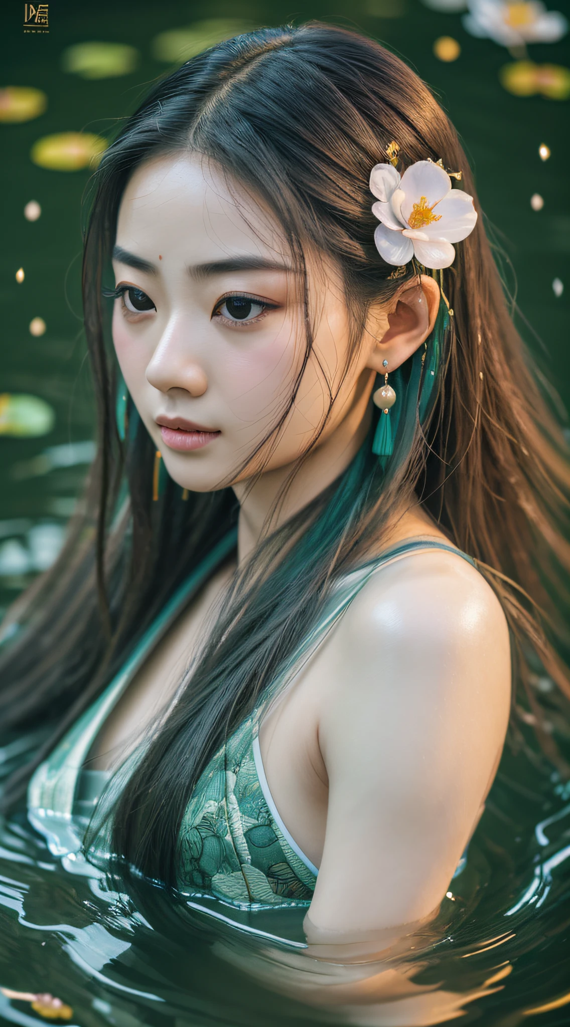 (RAW photo, best quality), (realistic, photo-realistic:1.3), best quality, highly detailed, masterpiece, ultra-detailed, illustration, 1girl, upper_body, dynamic angle, world mastery theater, messy_long_hair,best quality, extremely detailed CG unity 8k wallpaper, ink, amazing, movie lights, lens_flare, dunhuang_style,1 girl, dark green hanfu, a woman, cold, fair skin, sea of flowers, pond, petals floating on water, half immersed in water, dark background, moonlight, hairpins, jade pei, hanfu, Delicate face, jewelry, long hair, earrings, hair strands, dynamic angle, looking down from above --auto --s2