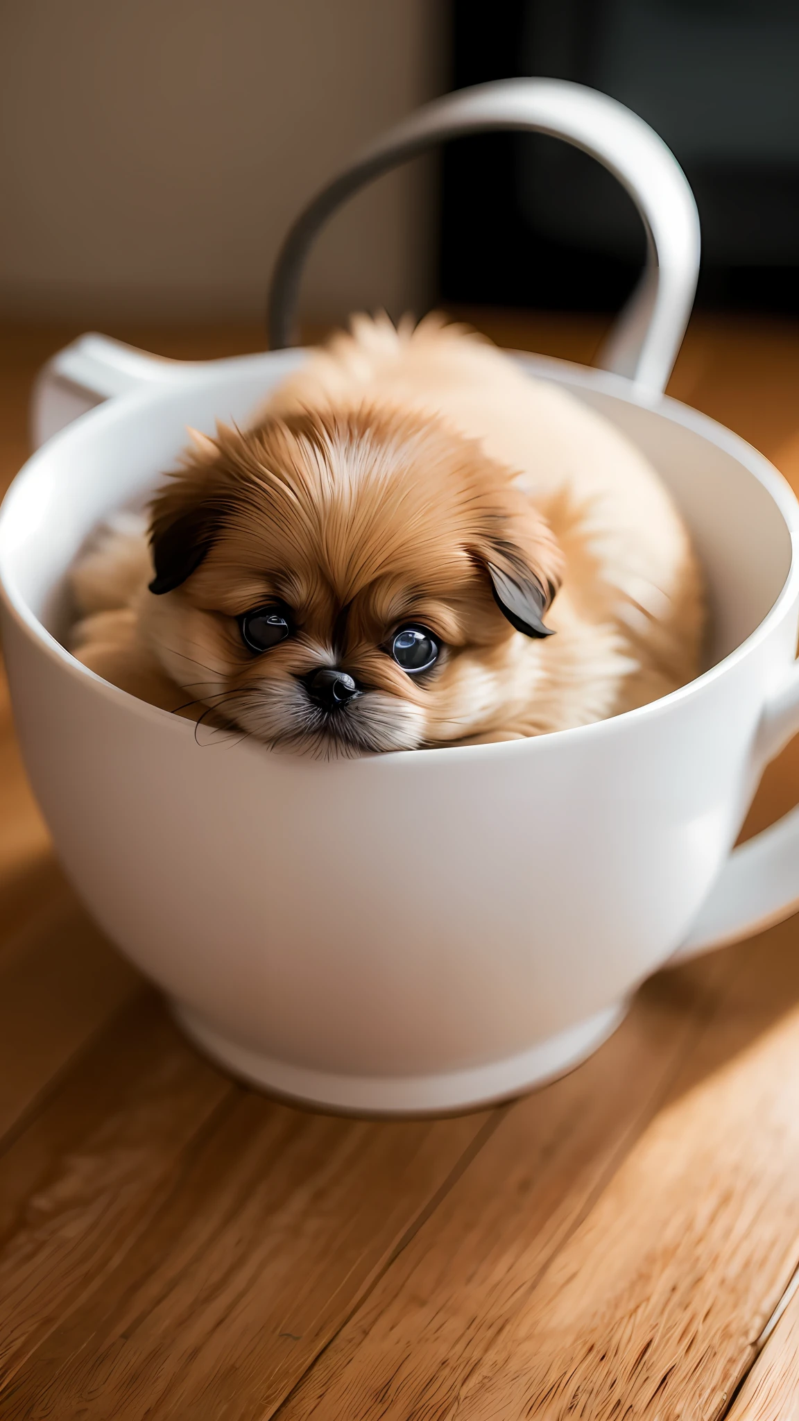 A small Pekingese in a teacup in a room with sunshine wears a ribbon, shot with Sony Alpha 9, Bella, puppies, nuggets, shot in Canon 8 0 d, shot with Canon EOS 5 d Mark IV, cute dog, shot with Canon 5d mk4, shot with Sony A7r camera, shot with Canon EOS R 6, octa 8k,