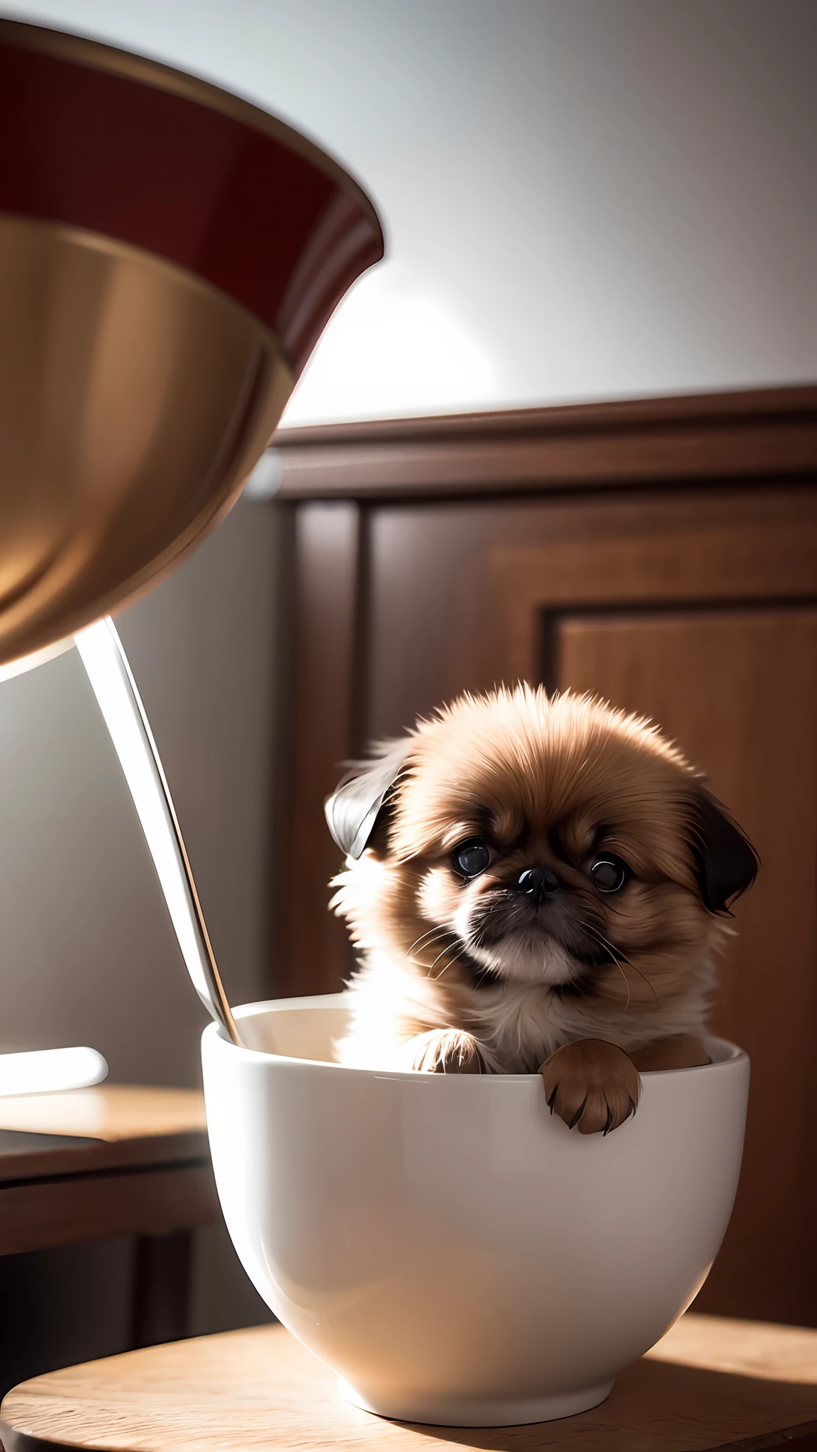 A small Pekingese in a teacup in a room with sunshine wears a ribbon, shot with Sony Alpha 9, Bella, puppies, nuggets, shot in Canon 8 0 d, shot with Canon EOS 5 d Mark IV, cute dog, shot with Canon 5d mk4, shot with Sony A7r camera, shot with Canon EOS R 6, octa 8k,