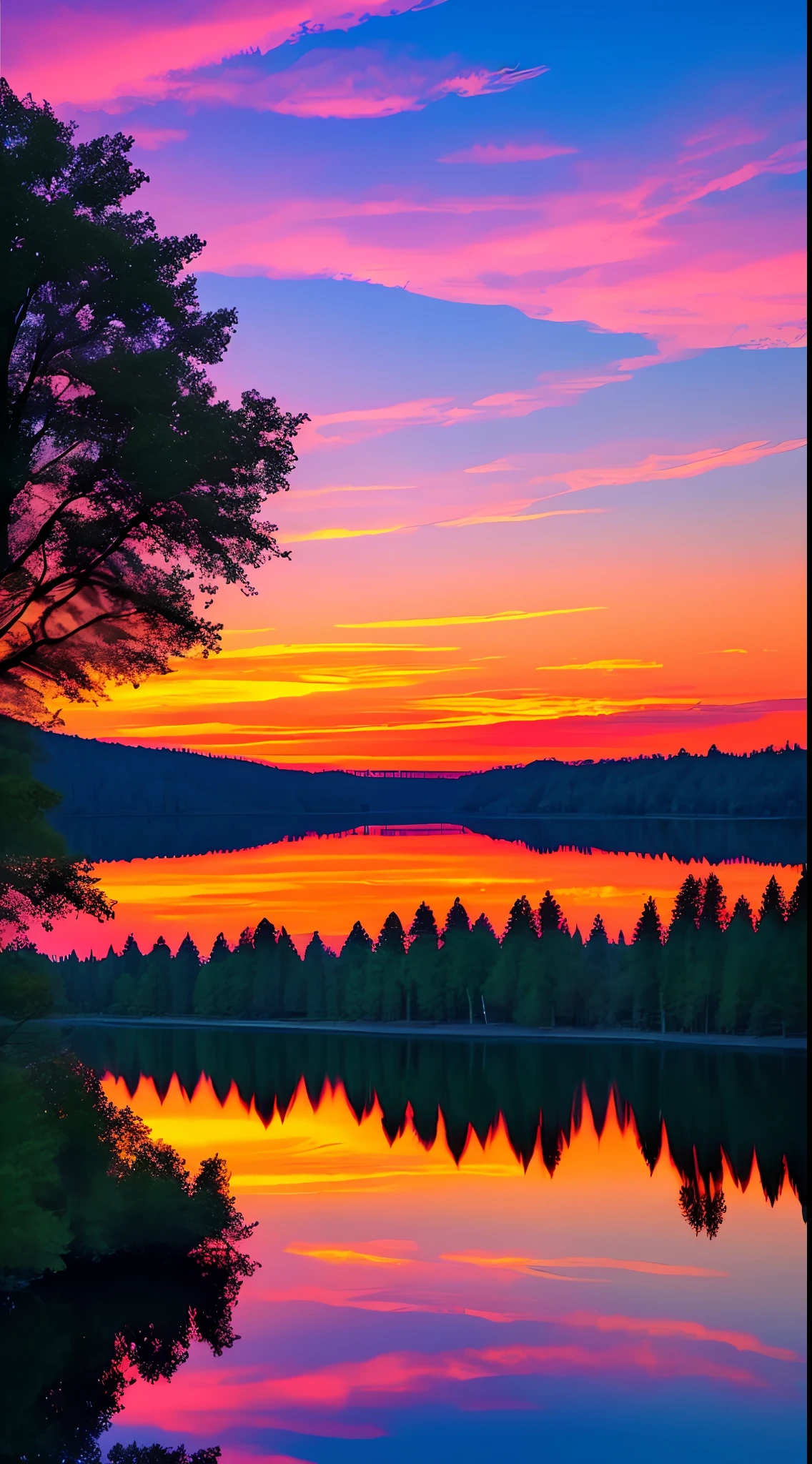 there is a beautiful sunset with a lake and trees in the background, colorful skies, surreal colors, colorful sunset, colorful sky, marvellous reflection of the sky, stunning sky, dream like atmosphere 8k, colorful clouds, colors reflecting on lake, surreal sky, red and blue reflections, fire reflection, beautiful sky, beautiful and spectacular dusk, beautiful dreamy landscape, amazing sky