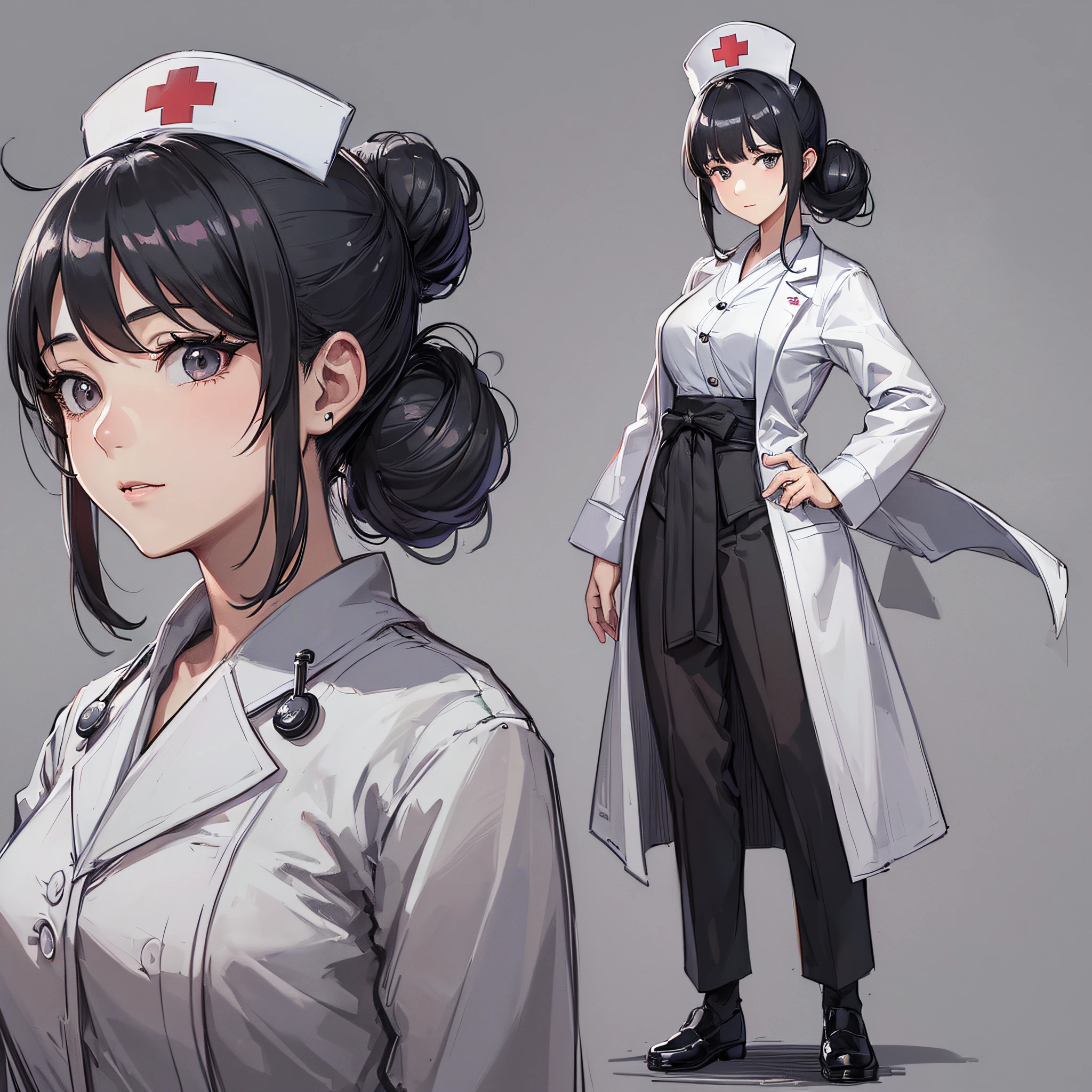 ((masterpiece)),((best quality))),(((character design sheet, same character, front, side, back)),(illustration), (1 28-YEAR-OLD MATURE GIRL), FEMALE, JAPANESE ANIME STYLE, (NURSE), DOCTOR, (FULL BODY), (WHITE COLOR DOCTOR'S UNIFORM), BLACK HAIR, BLACK EYES, HAIR STUCK WITH BUN, BEAUTIFUL, BEAUTIFUL EYES, ENVIRONMENT Scene change, pose too, charturnbetalora, (simple background, white background:  1.3) --auto --s2