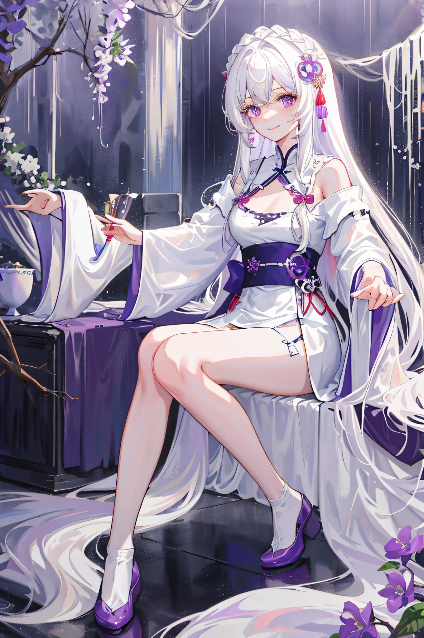 Masterpiece, best quality, 1girl, rain, messy hair, incredibly long hair, smile, shyness, white hair, purple eyes, delicate jewelry, white short skirt, hanfu, Chinese style, white slip dress