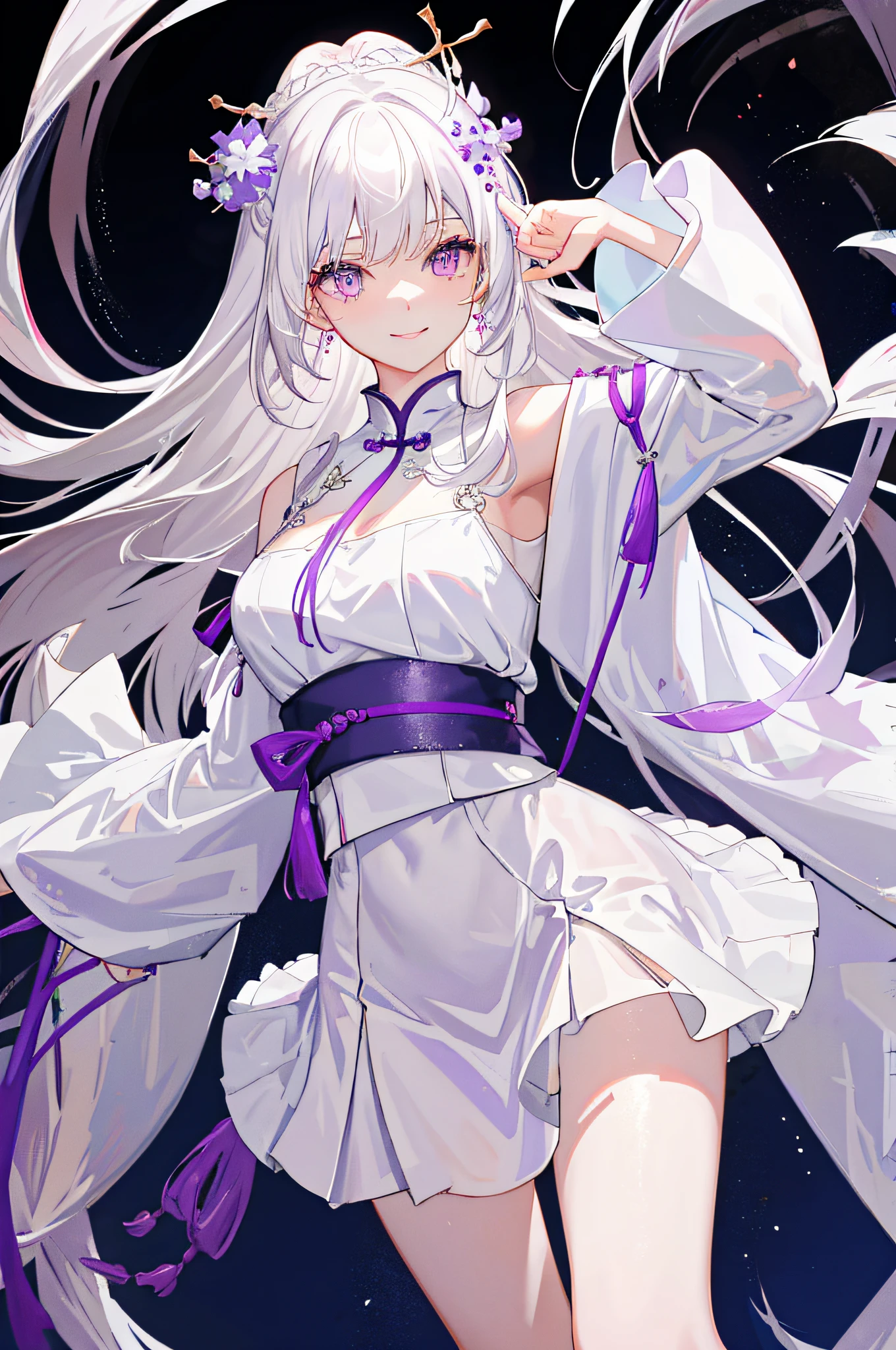 Masterpiece, best quality, 1girl, rain, messy hair, incredibly long hair, smile, shyness, white hair, purple eyes, delicate jewelry, white short skirt, hanfu, Chinese style, white slip dress