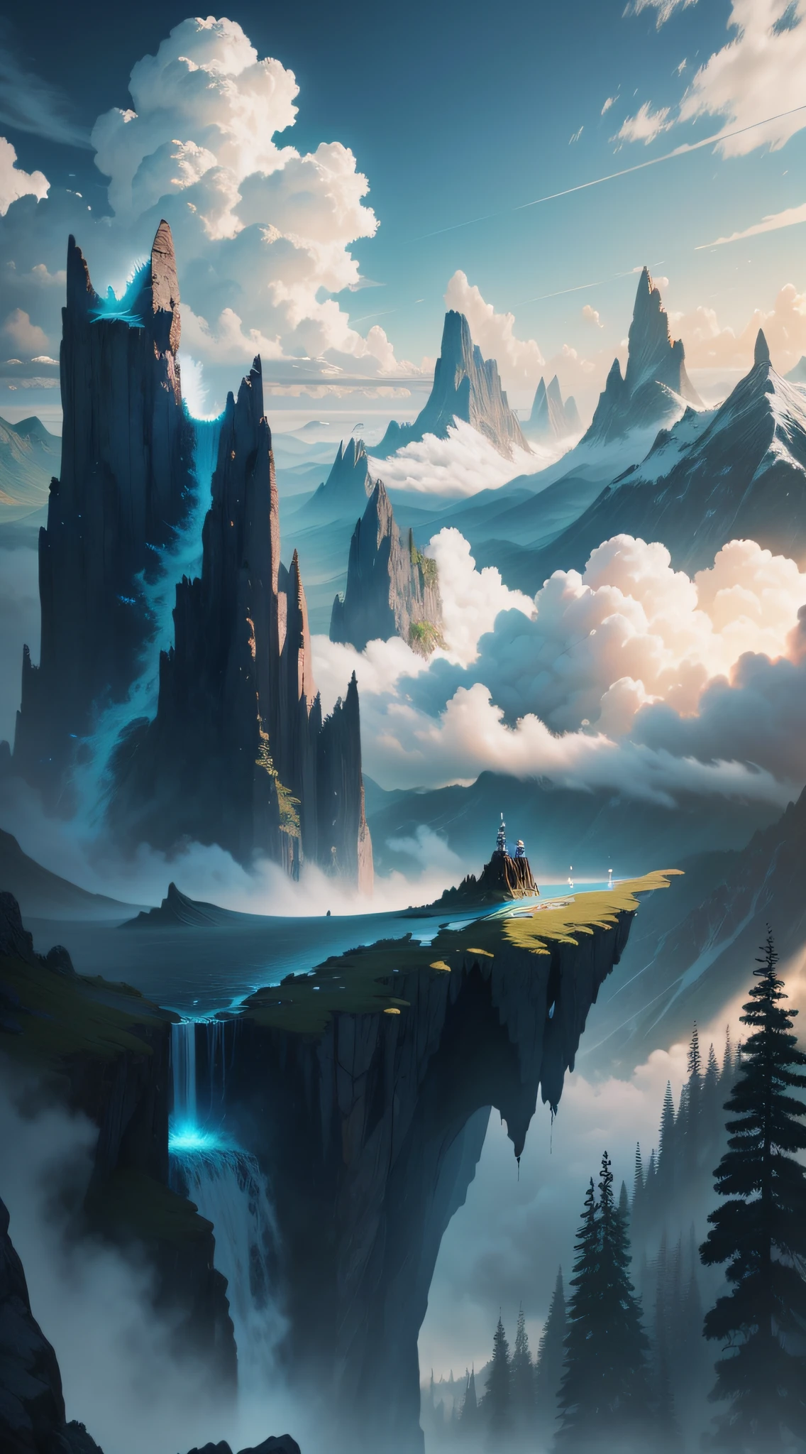 sea of clouds, fairy mountain, flight of the imperial sword, masterpiece, best quality, high quality, extremely detailed CG unity 8k wallpaper, landscape, outdoors, sky, clouds, sky, no humans, mountains, landscape, water, trees, blue sky, waterfalls, cliffs, nature, lakes, rivers, cloudy sky, award winning photography, bokeh, depth of field, HDR, bloom, chromatic aberration, realism, very detailed, trends on artstation, trends on CGsociety, intricate, high detail, dramatic, Midway art