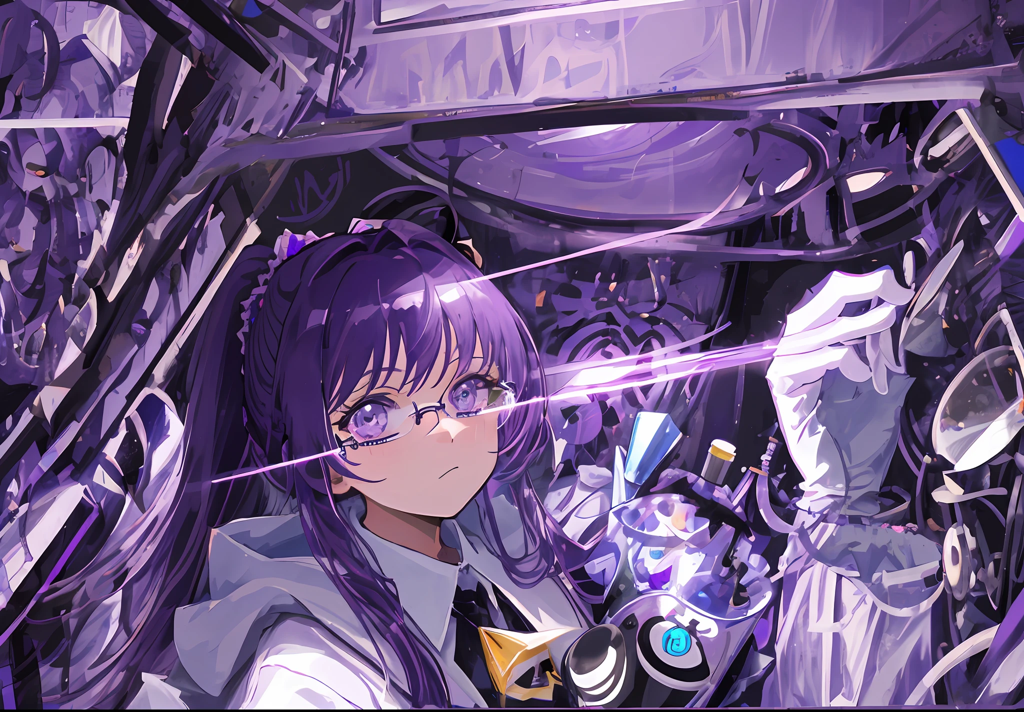 Masterpiece, best quality, ultra-detailed, illustration, close-up, direct vision, face focus, laboratory, Erlenmeyer flask with purple liquid, 1girl, purple hair, purple eyes, long hair, high ponytail, purple square-framed glasses, cold, calm expression, looking at the viewer