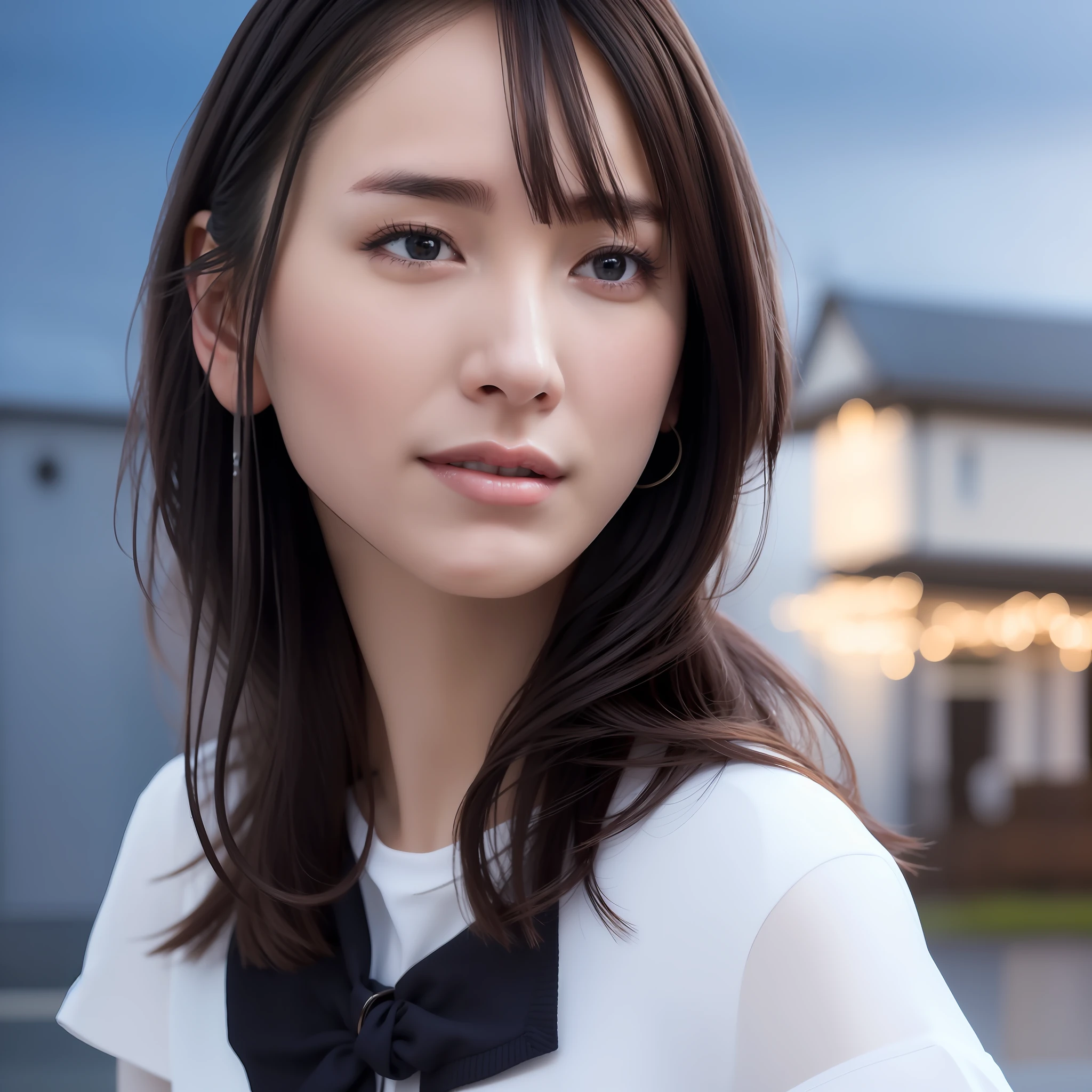 (8k, best quality, masterpiece:1.2), (realistic, photo-realistic:1.37), ultra-detailed,((( 1 girl))),solo,beautiful detailed sky,detailed cafe,night,sitting,dating,(nose blush),(smile:1.15),(closed mouth) small breasts,beautiful detailed eyes,(shirt:1.1), night, wet, rain,white lace, (short hair:1.2),floating hair NovaFrogStyle, ((full body)),stand, sexy, cute