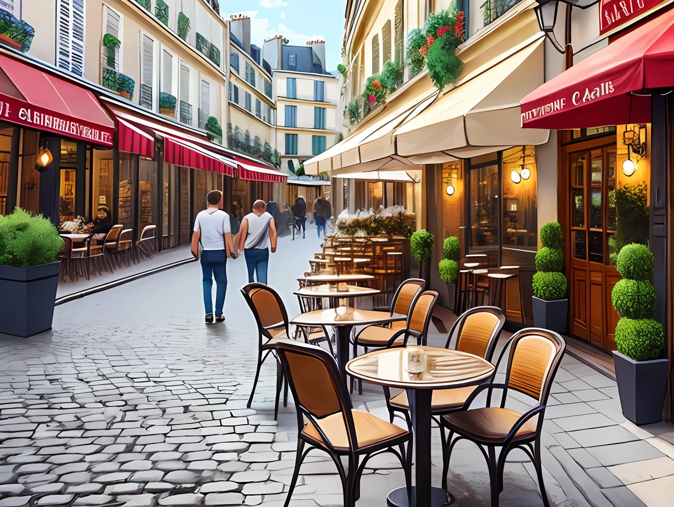 Parisian café, super realistic, street, drinks on the tables, chairs, potted plants --auto --s2
