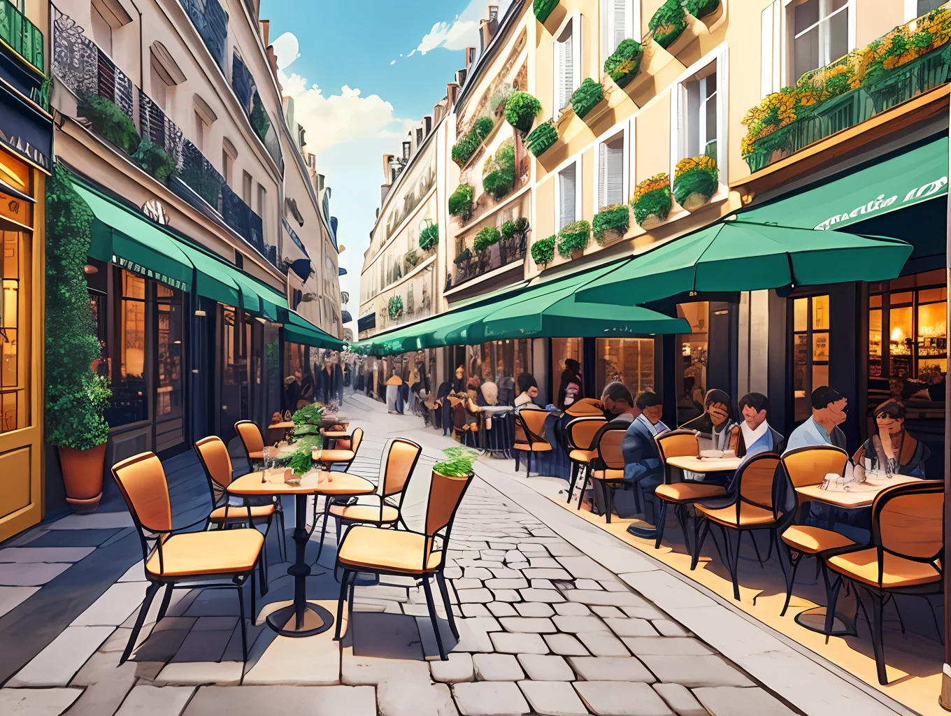 Parisian café, super realistic, street, drinks on the tables, chairs, potted plants --auto --s2