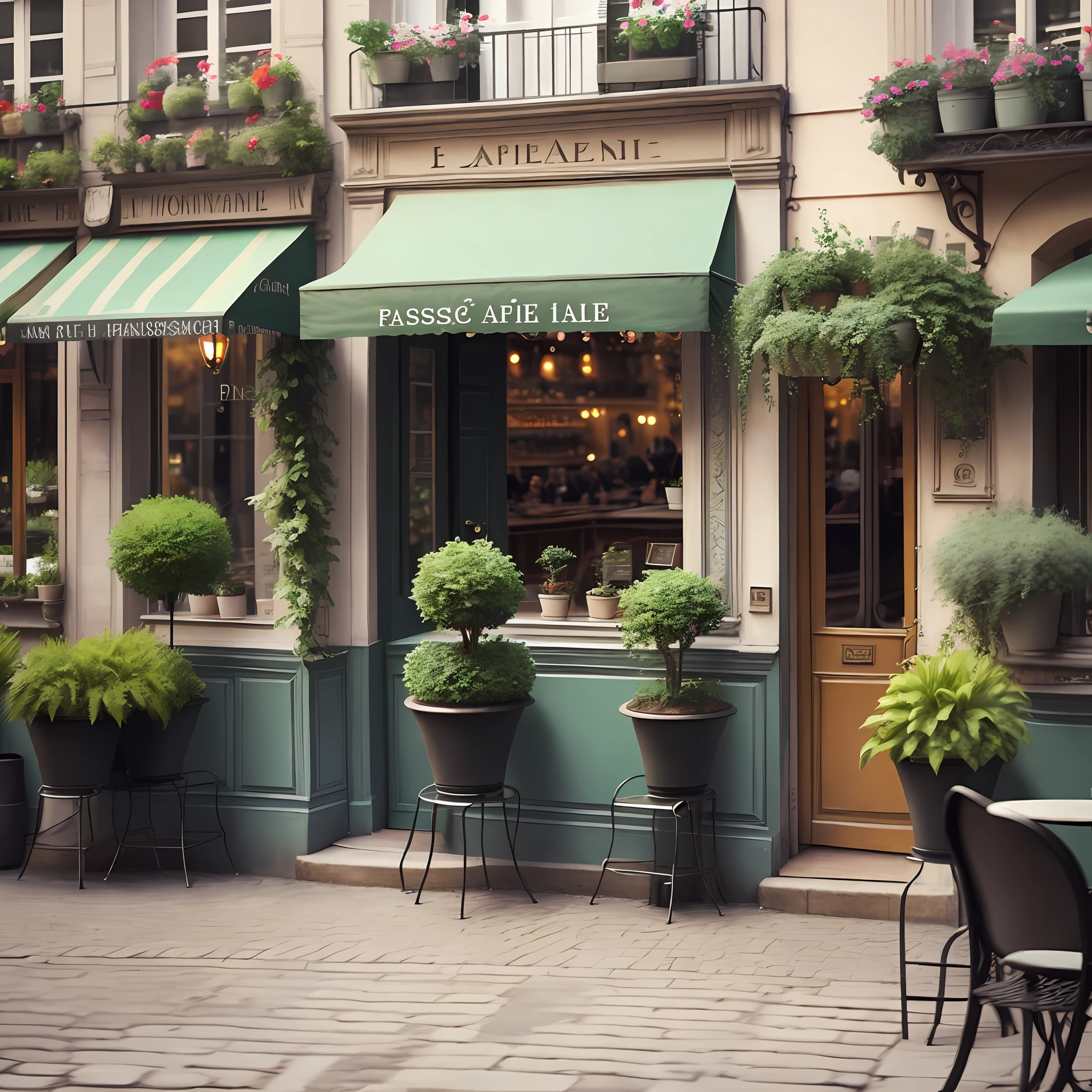 Parisian café, tables, chairs, potted plants