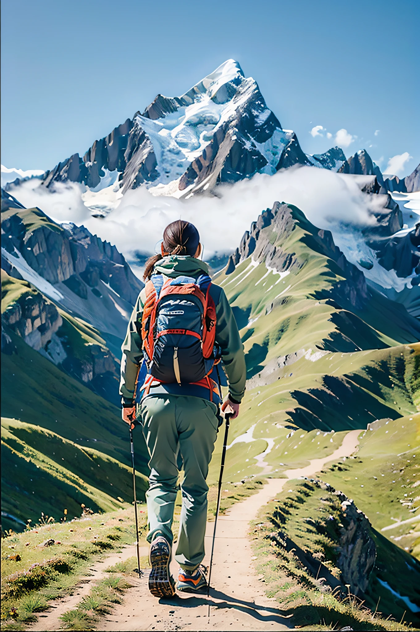 (masterpiece, best quality, 8K wallpaper, high resolution, ultra-realistic), 1girl, solo, full body from a little distance, facing the front, slender figure: 1.4, beautiful face, beautiful eyes, beautiful nose, beautiful mouth, black eyes wearing patagonia, carrying a white backpack: 1.2, mountain girl style, backpacker, mountaineer, mountain view from the top of the mountain, walking on the trail, Trekking shoes, half pants