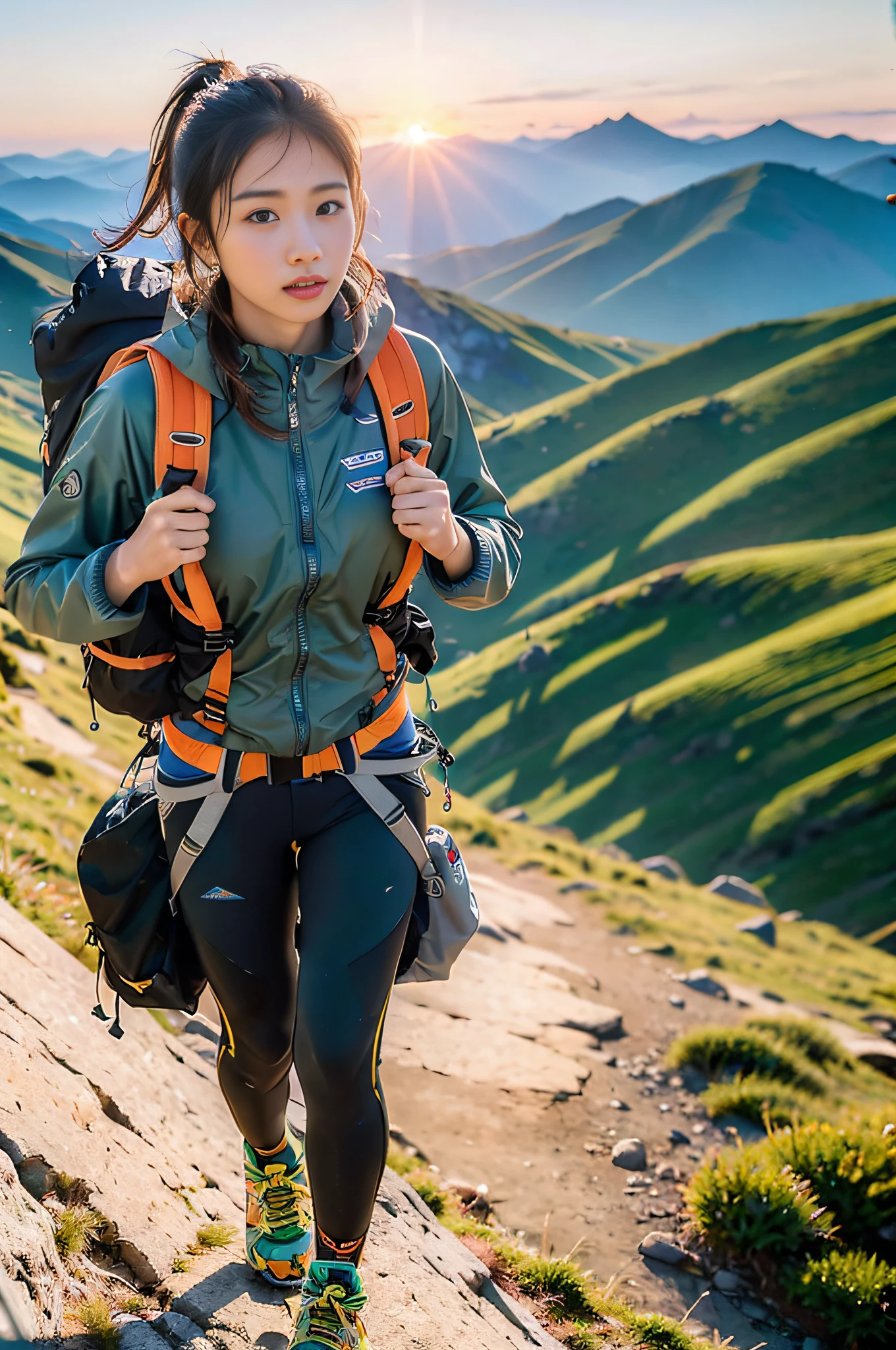 (masterpiece, best quality, 8K wallpaper, high resolution, ultra-realistic), 1girl, solo, full body from a little distance, front-facing, slender figure: 1.4, beautiful face, beautiful eyes, beautiful nose, beautiful mouth, black eyes wearing patagonia, carrying a big backpack: 1.2, mountain girl style, backpacker, mountaineer, watching a beautiful sunset while climbing, Trekking shoes, half pants