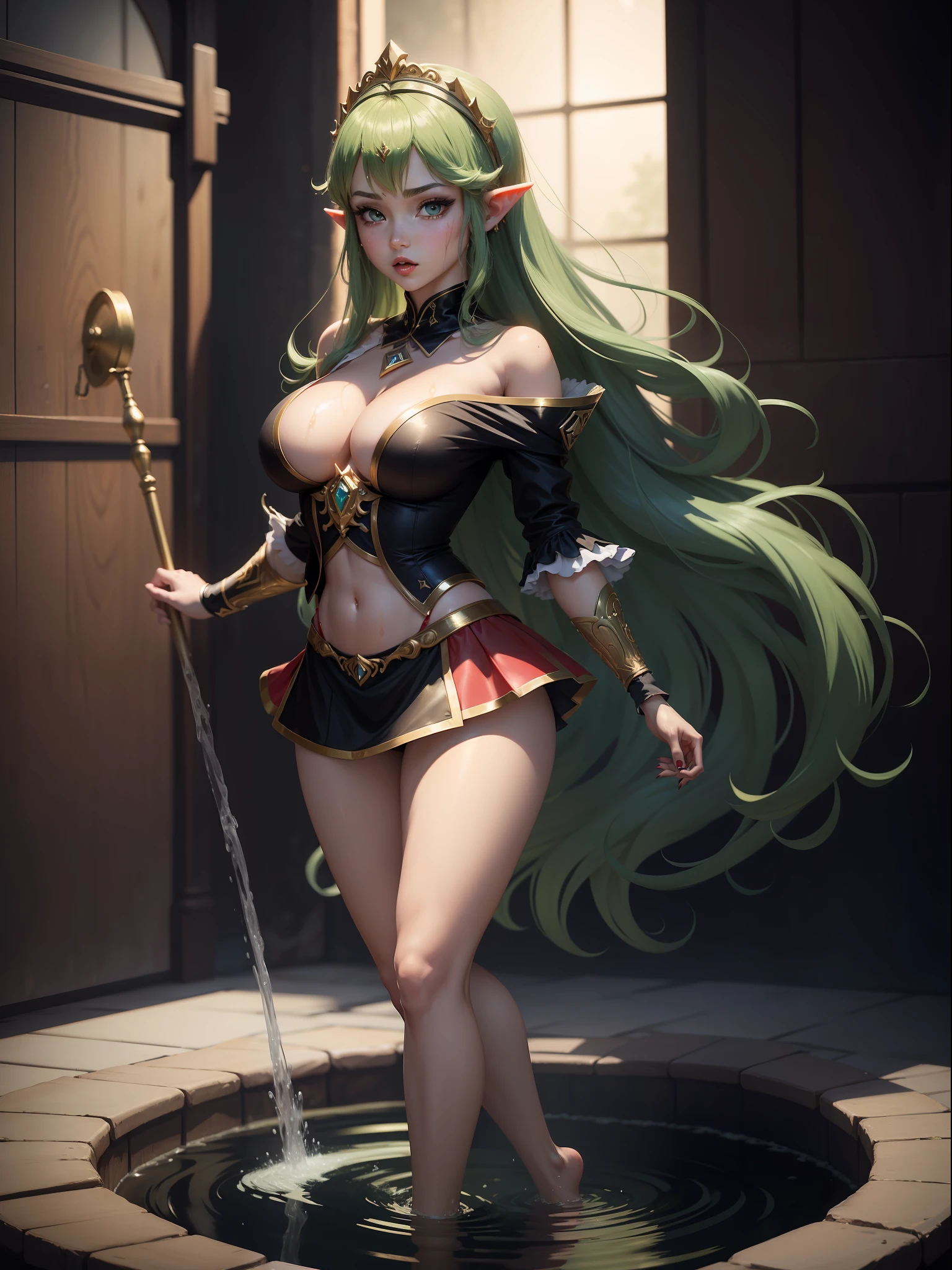 ((full-body photo, feet on the ground, front view)). Princess Zelda, {big breasts, red cheeks, red lipstick on her mouth, looking at the viewer}, ({black outfit with gold trim/maid outfit with short shorts)}, she's in a shower dripping water, clothes and hair soaked. She has {(short green hair, blue eyes)}, anime, anime style, motion blur, 16k, high quality, super detail, textured skin, anatomically correct, masterpiece, masterpiece, masterpiece, UHD, ccurate