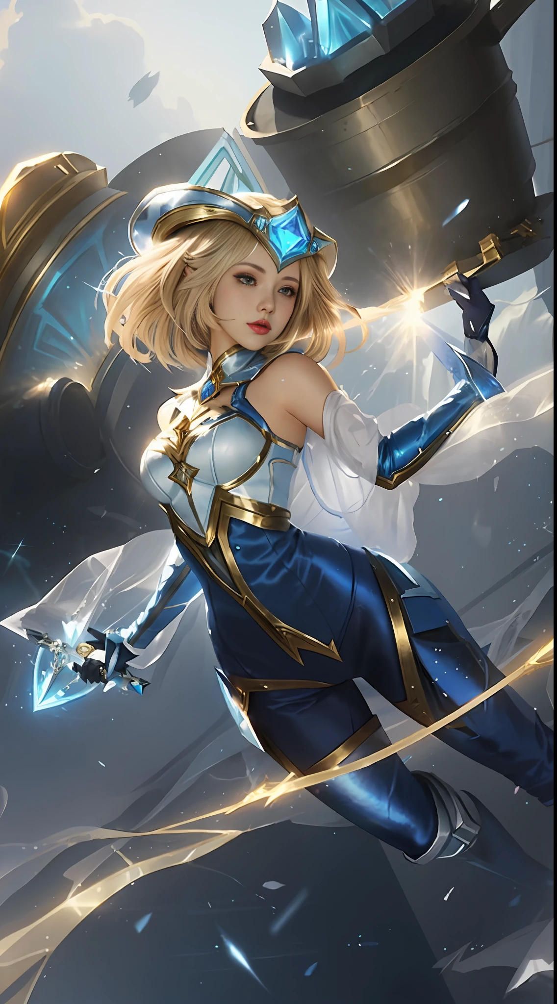 a woman in a blue and white outfit holding a large metal object, lux from league of legends, orianna, style artgerm, artgerm style, kda, ig model | artgerm, ashe, trending artgerm, extremely detailed artgerm, style of artgerm, artgerm jsc, style league of legends