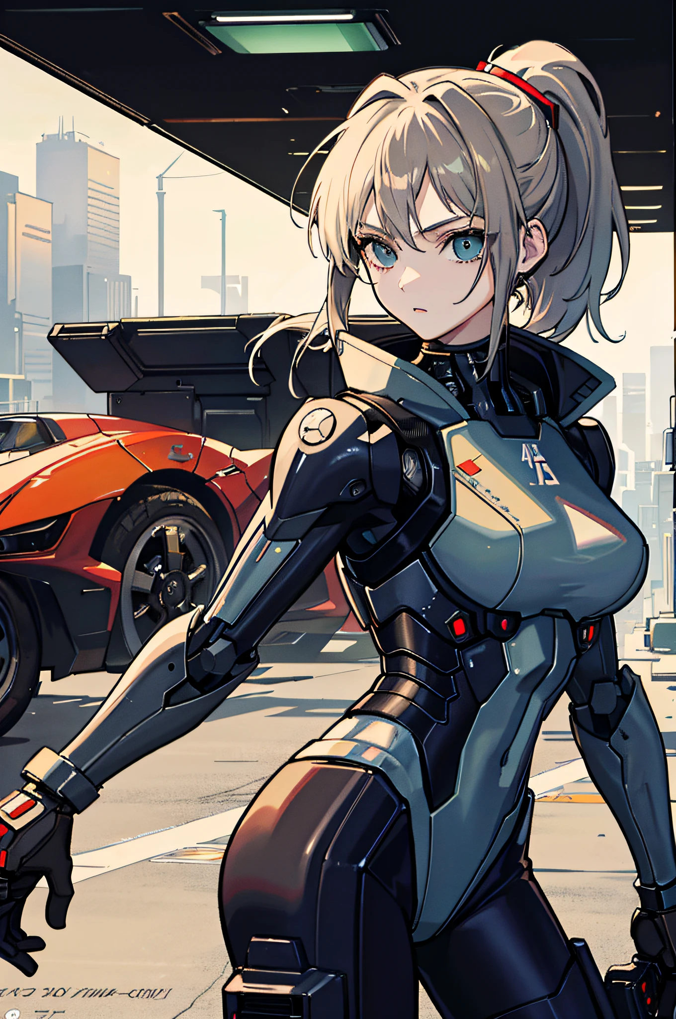 Masterpiece, Best Quality, 1 Girl, Middle, ((Album Cover)), Light on Face, Slim Body, Exoskeleton, Metal Gear, Cyberpunk Style, Ponytail, Gundam