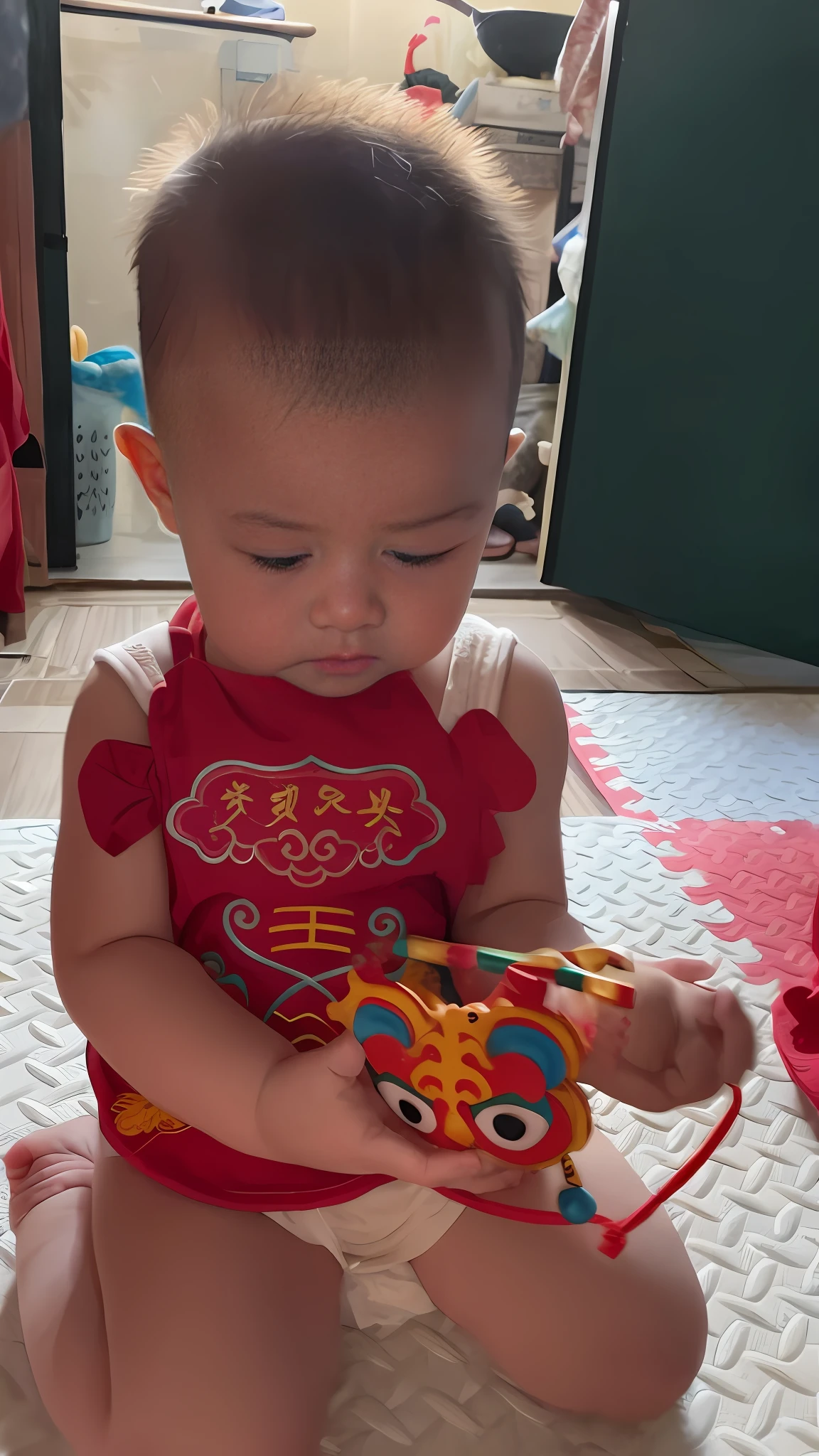 there is a baby that is sitting on the floor with a toy, wearing a red cheongsam, traditional chinese, holding origami qilin, , ruan jia beautiful!, loong, cai xukun, inspired by Xie Huan, chinese style, li zixin, he is about 3 0 years old, he is about 30 years old