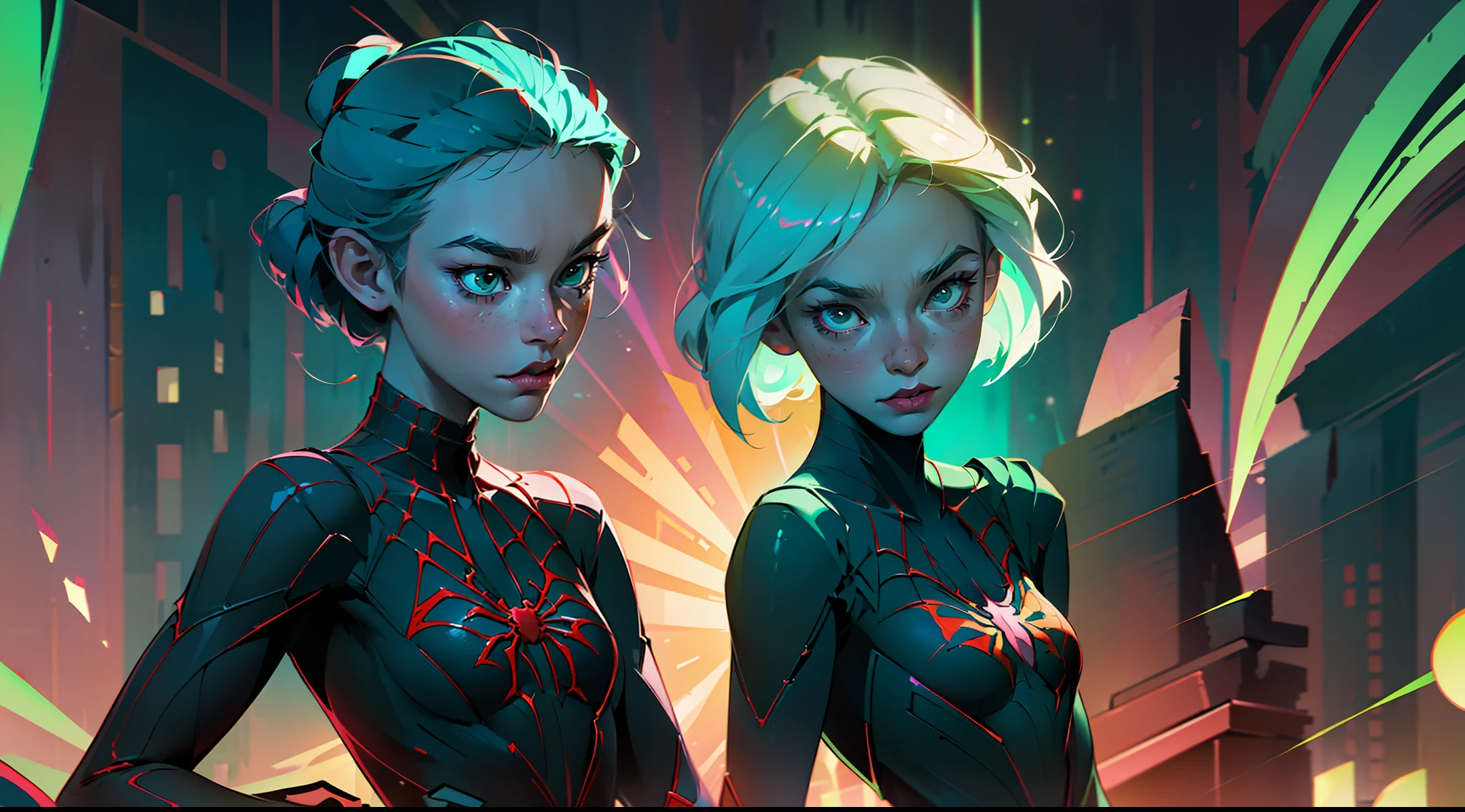 intricately detailed illustration Gwen Stacy as spidergirl, outlines in green and red, (white spidergirl uniform) (Into the Spider-Verse version), ((very bold colors)) shot on canon camera, volumetric lights, neon lights, highly detailed, 32k resolution, best quality possible, with (chromatic aberration:1), blurry background,