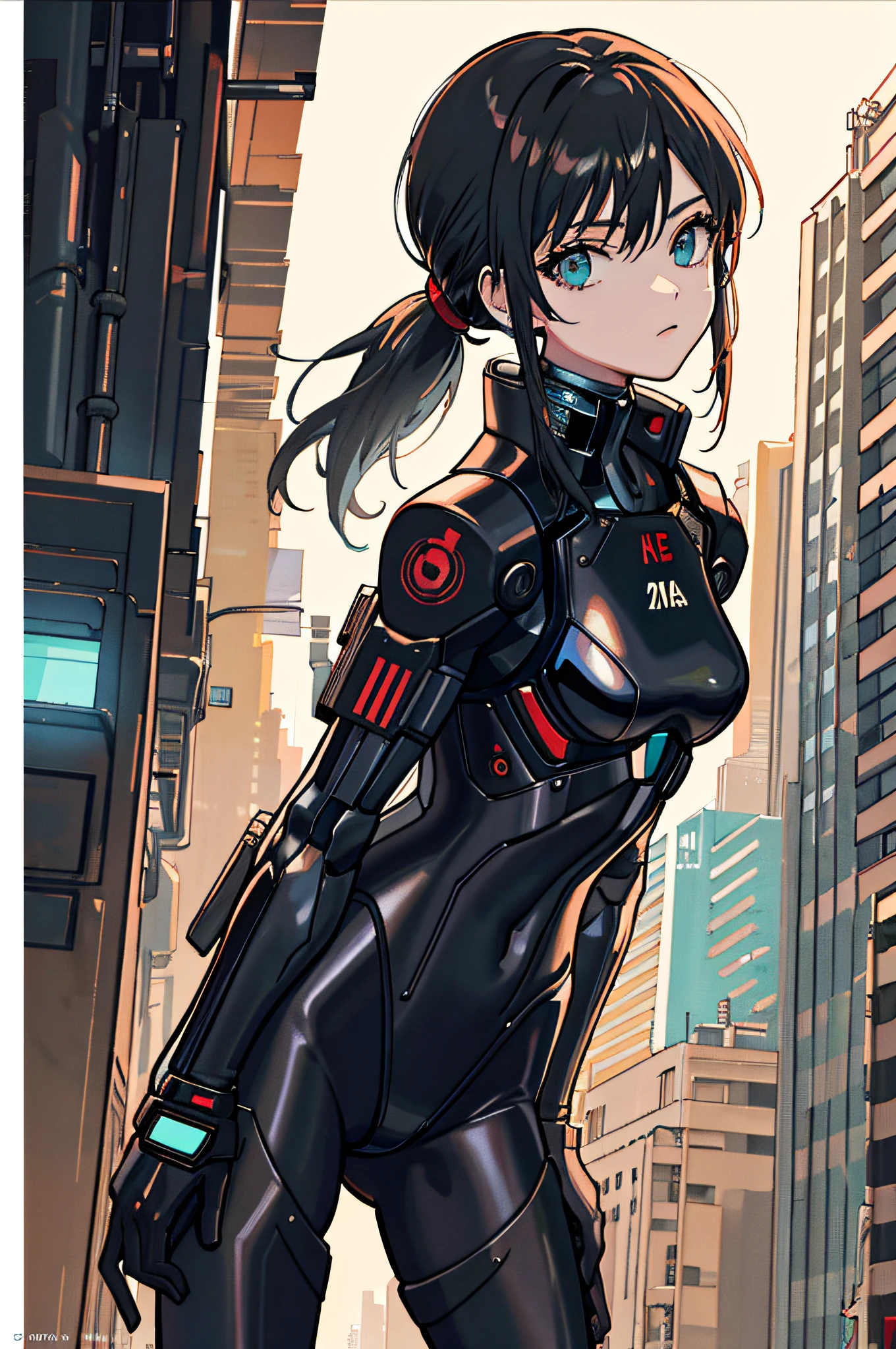 Masterpiece, Best Quality, 1 Girl, Middle, ((Album Cover)), Light on Face, Slim Body, Exoskeleton, Metal Gear, Cyberpunk Style, Ponytail, Gundam