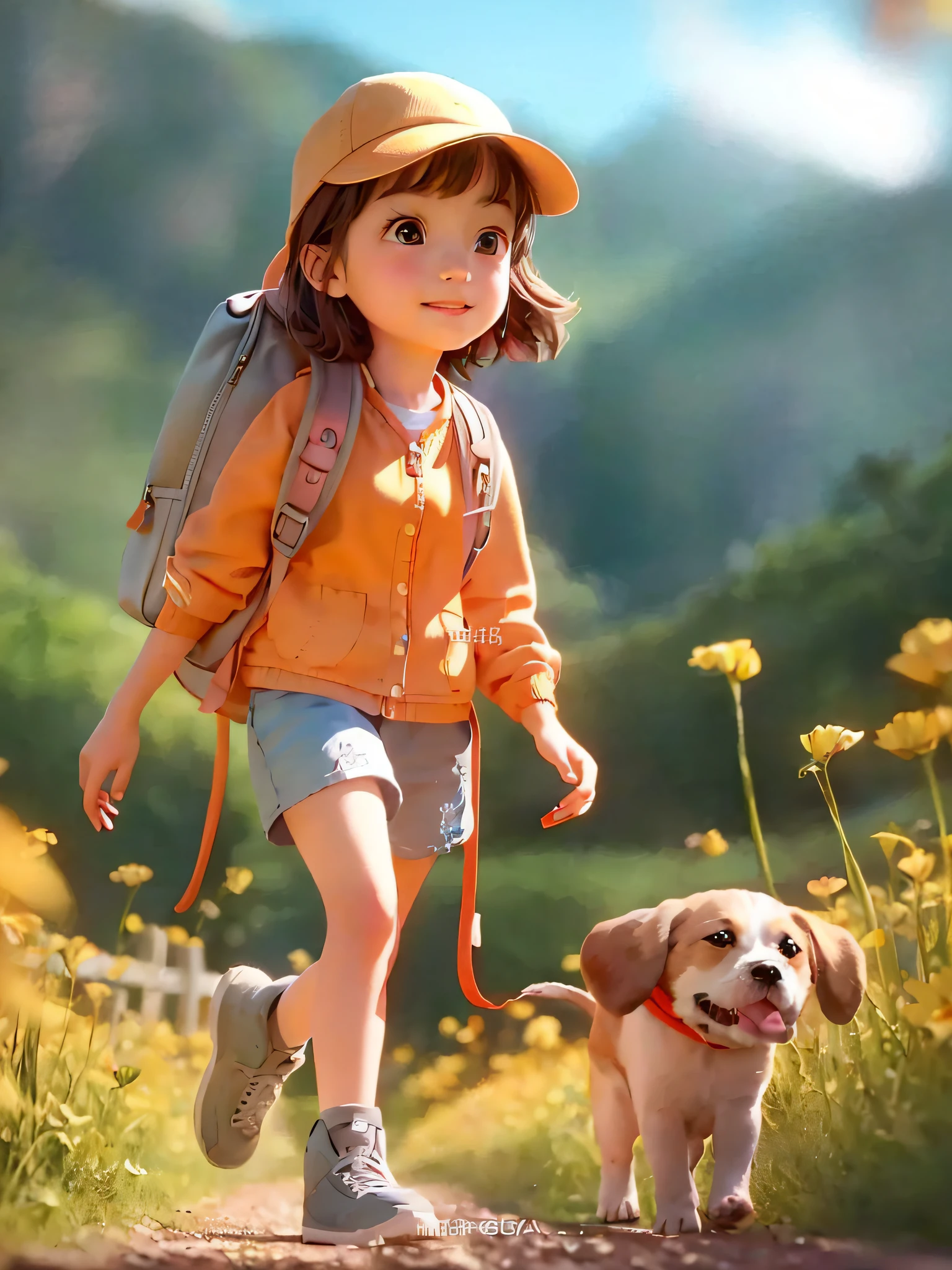 Tip: A very charming with a backpack and her cute puppy enjoying a lovely spring outing surrounded by beautiful yellow flowers and nature. The illustration is a high-definition illustration in 4k resolution, featuring highly detailed facial features and cartoon-style visuals.
