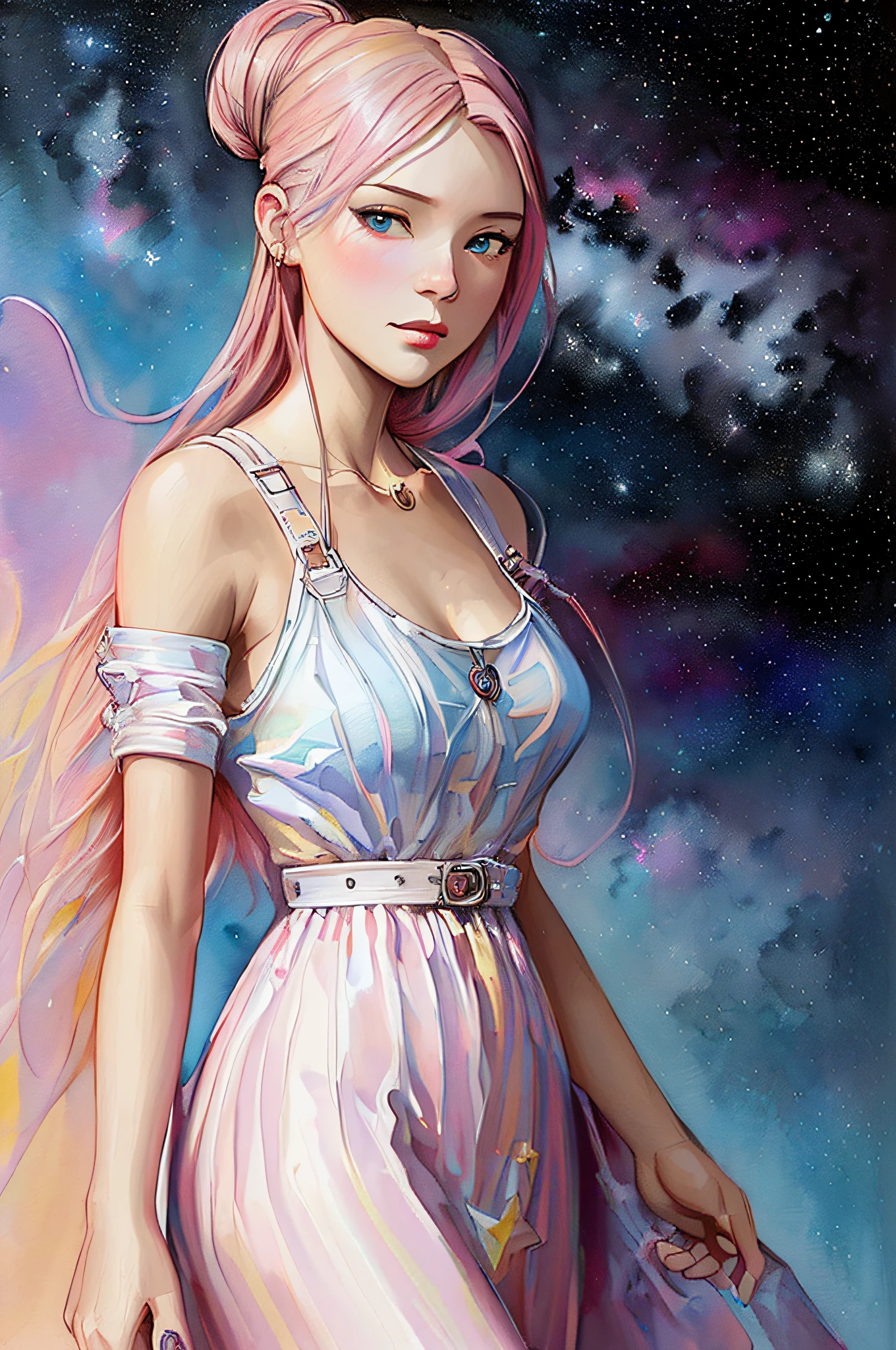 (Girlish Painting:1.3) of (Ultra detailed:1.3),(Cosy:1.3),best quality,masterpiece,highly detailed,ultra-detailed,unreal engin 5,octane render,(2D:1.2), limited palette flat color,, digital painting, artstation, concept art, smooth, sharp focus,art by ross tran and greg rutkowski and alphonse Mucha and Bak Karol,, (oil painting:1.16),(acrylic paint:1.16),(colorful:1.16), (watercolor:1.16),, by (nvinkpunk:1.0),(kuvshinov:1.0),(dreamlikeart:1.0),(samdoesart:1.0),(modelshoot style:1.0),(by Artist Koho Shoda:1.3),(by Artist Mike Mignola:1.3),(by Artist Joop Polder:1.3),(Classicism Art:1.3),(Industrial Art:1.3),(Solarpunk Art:1.3) ,

shot (from_side:1.6)

[Emma Watson:Chou Tzu-yu:0.1],
((out door, dark night)),
((The sky is beautiful, the stars)),
hands behind body,
blue eyes,
pink hair,
the wind blows hair,
long hair,
(small breast:1.3),
(wearing  Prada Coat:1.2),
(wearing  Prada dress:1.2),
(sports shoes:1.3),
look away,
full body,
(( (The sky is beautiful, the Milky Way, the stars))),