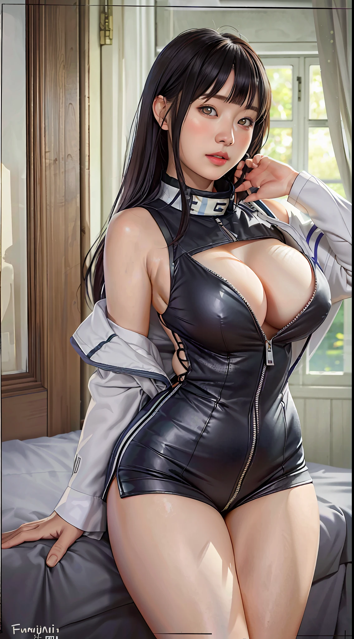 Masterpiece, highres, high Quality, detailed face, detailed body render, 1girl, solo, hyuuga hinata, hinata-sleeveless-outfit, large breasts, big breast, sleeveless shirt, fishnet top, dark lips, unzipped jacket, no bra, breasts out, nipple, standing, blushes, (on bedroom)