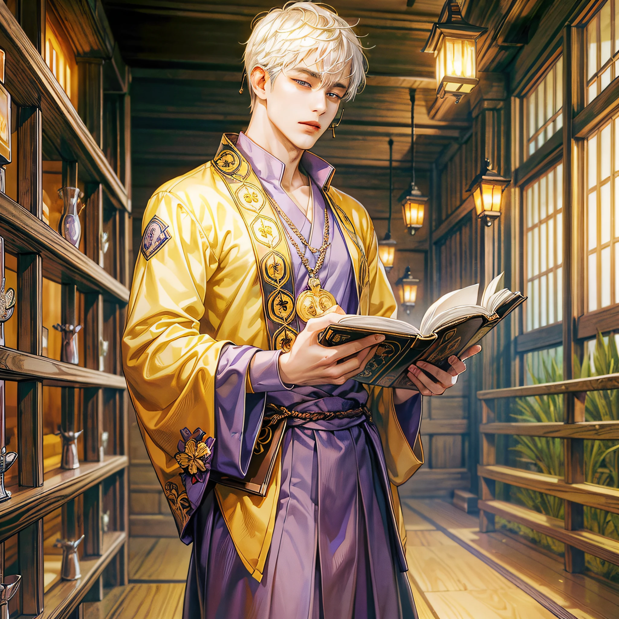 High quality, high-resolution CG illustrations, the subject is a handsome Japan male monk, a lone full-length figure, mustard-colored shirt, piercings in both ears, a long purple skirt, reading an open book, the background is pure white. --auto --s2