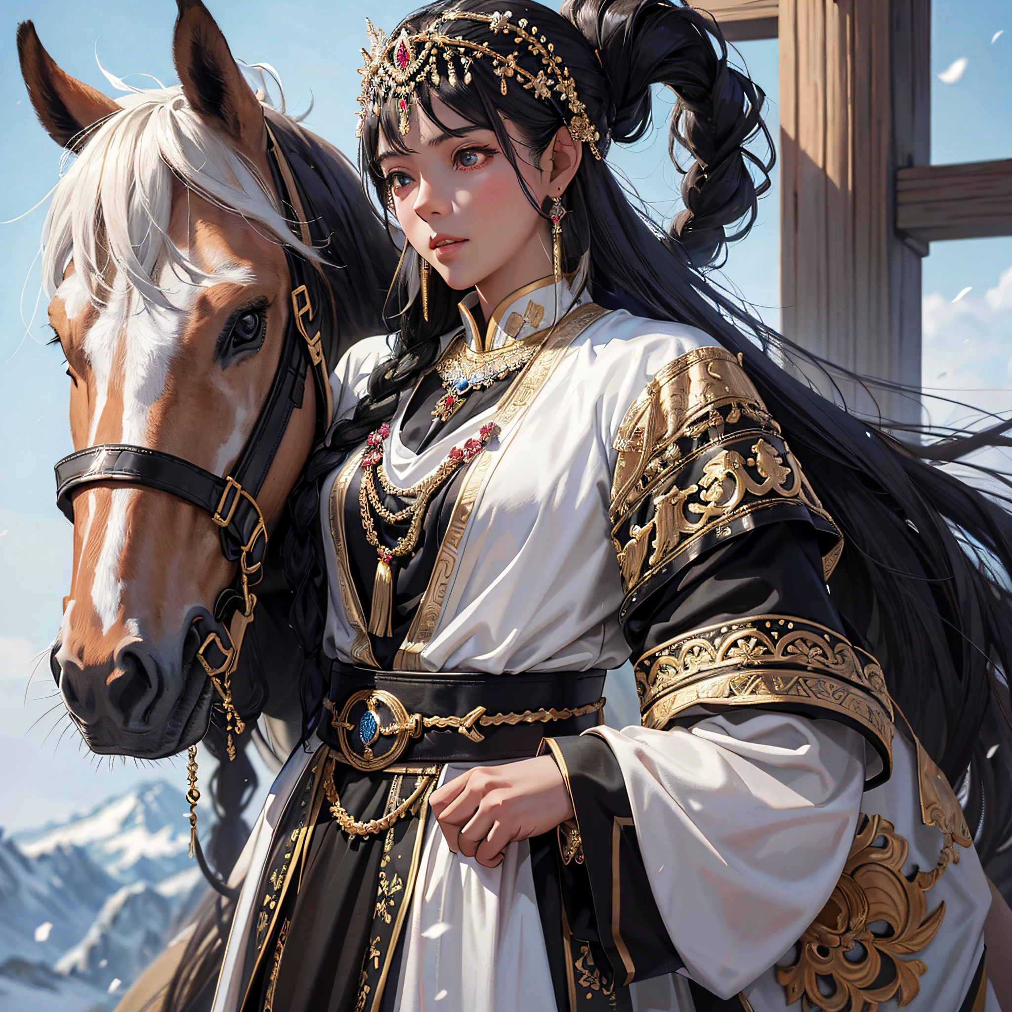 Arapei standing next to a horse in traditional costume, beautiful fantasy queen Guvez style artwork ((beautiful fantasy queen)), palace, girl in Hanfu, 2. 5d CGI anime fantasy artwork, beautiful character painting, by Yang J, 8k high quality detail art, Nguyen Jia and art germ, white horse