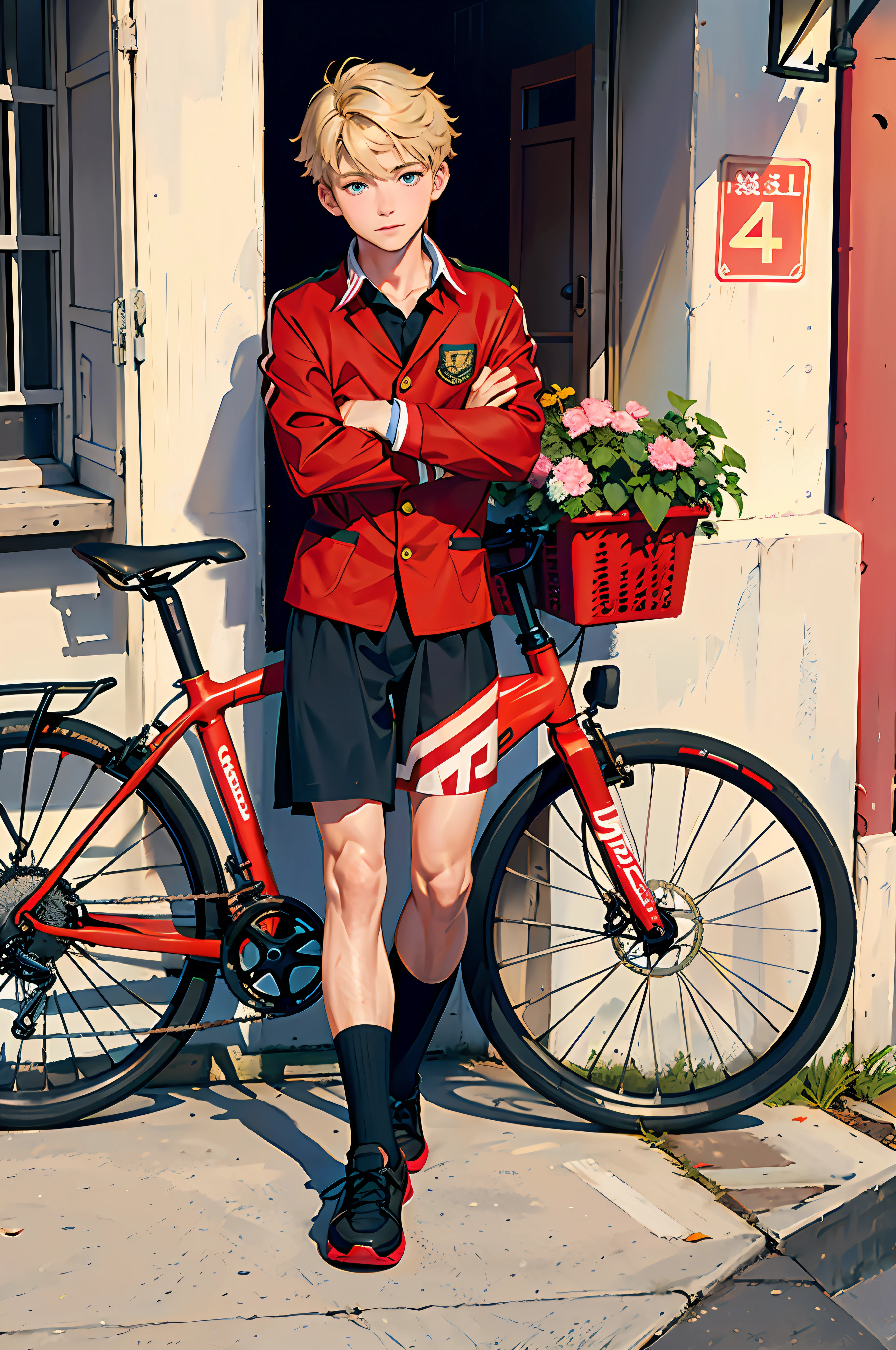 (Best Quality: 1.2), (Boys about ), (Short Blonde Hair: 1.2), (beautiful Eyes: 1.2), (1 person), (Bicycle), (School uniform)