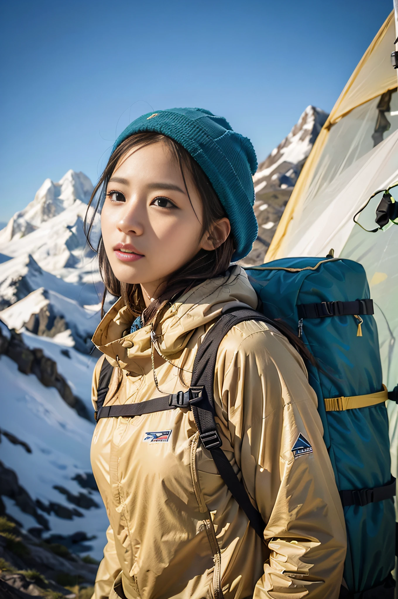 (masterpiece, top quality, 8K wallpaper, high resolution, ultra-realistic scenery), 1girl, solo, realistic face, angle a little far away, front, slender figure: 1.1, wearing black eyes, patagonia wear, trekking pants, carrying white backpack: 1.2, mountain girl style, backpacker, mountaineer, beautiful morning sun in the background while climbing, tent in mountain, trekking shoes, detailed face, detailed eyes, detailed nose, detailed mouth, mountain