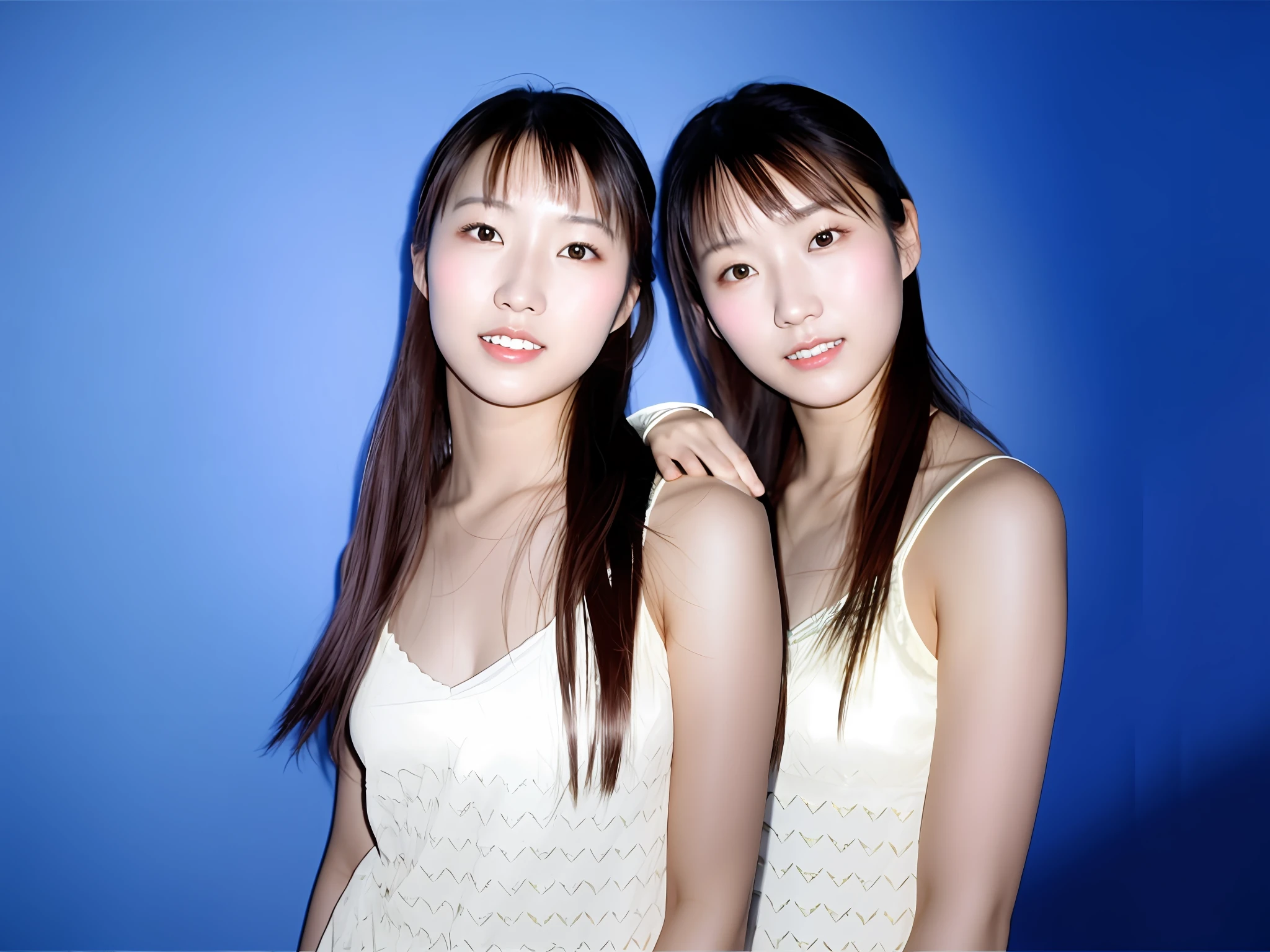 they are two asian women posing for a picture together, yoshitomo nara and aya takano, ruan jia and fenghua zhong, ayami kojima and lyde caldwell, two japanese schoolgirls posing, with a twin, beautiful sci - fi twins, twins, huang yuxing and aya takano, beautiful gemini twins portrait, wu liu